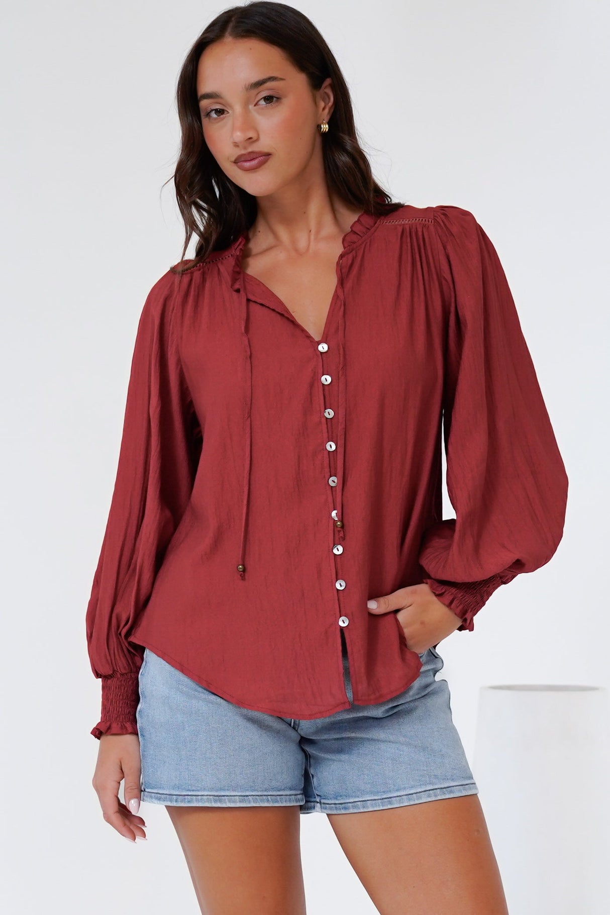 Rosewood Blouse - V-Neck Buttoned Down with Long Balloon Sleeves in Rust
