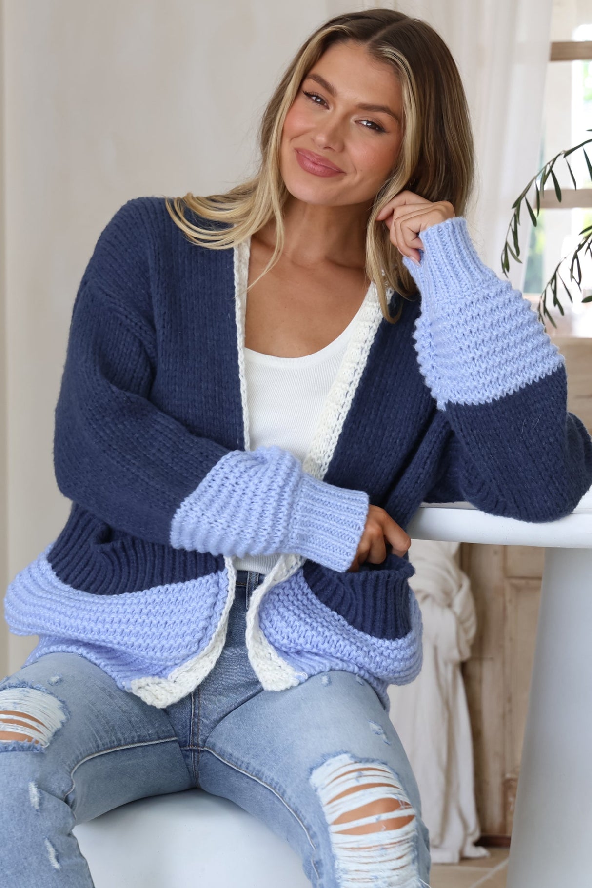 Rosie Cardigan - Cropped Colour Block Cardigan in Blue