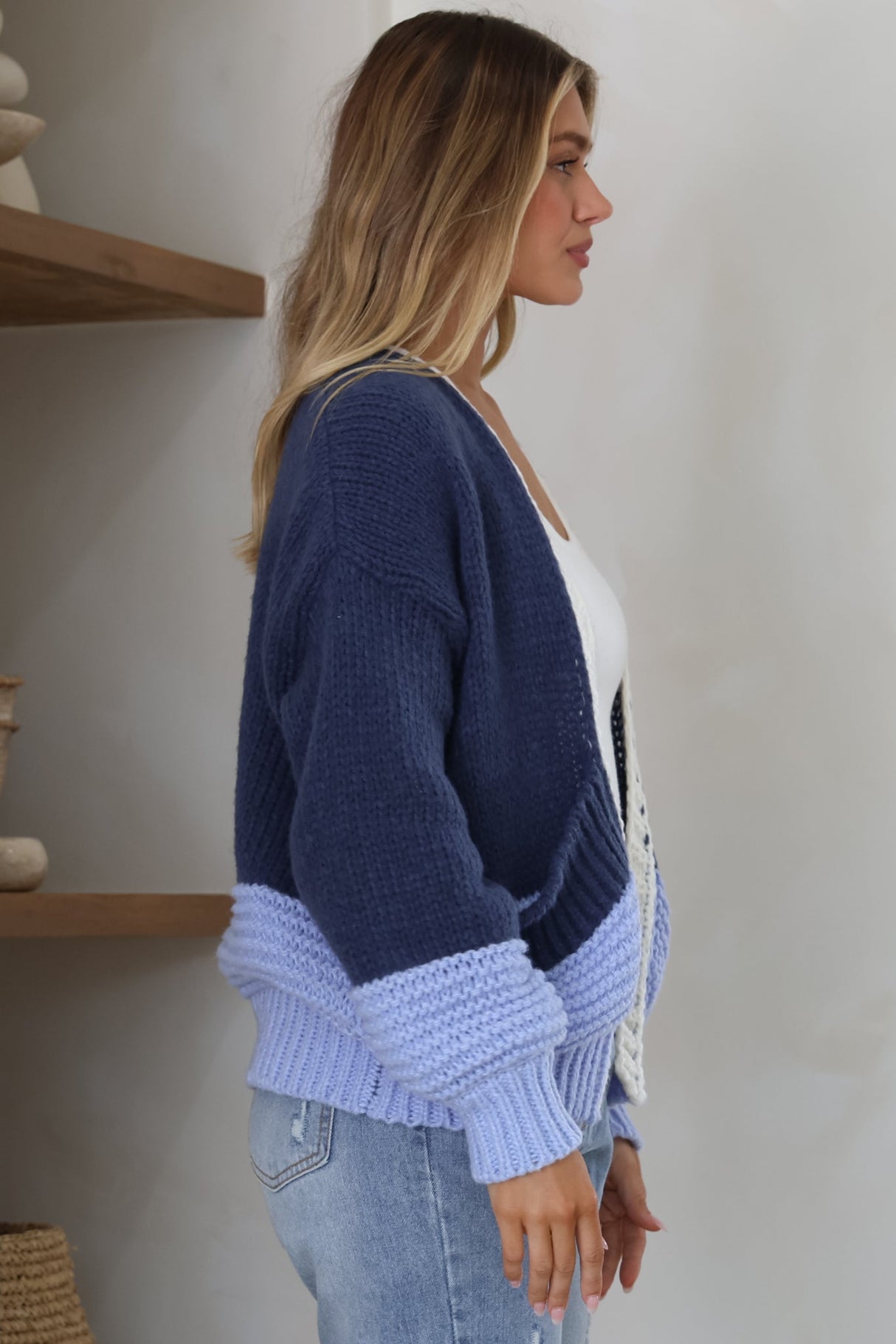 Rosie Cardigan - Cropped Colour Block Cardigan in Blue