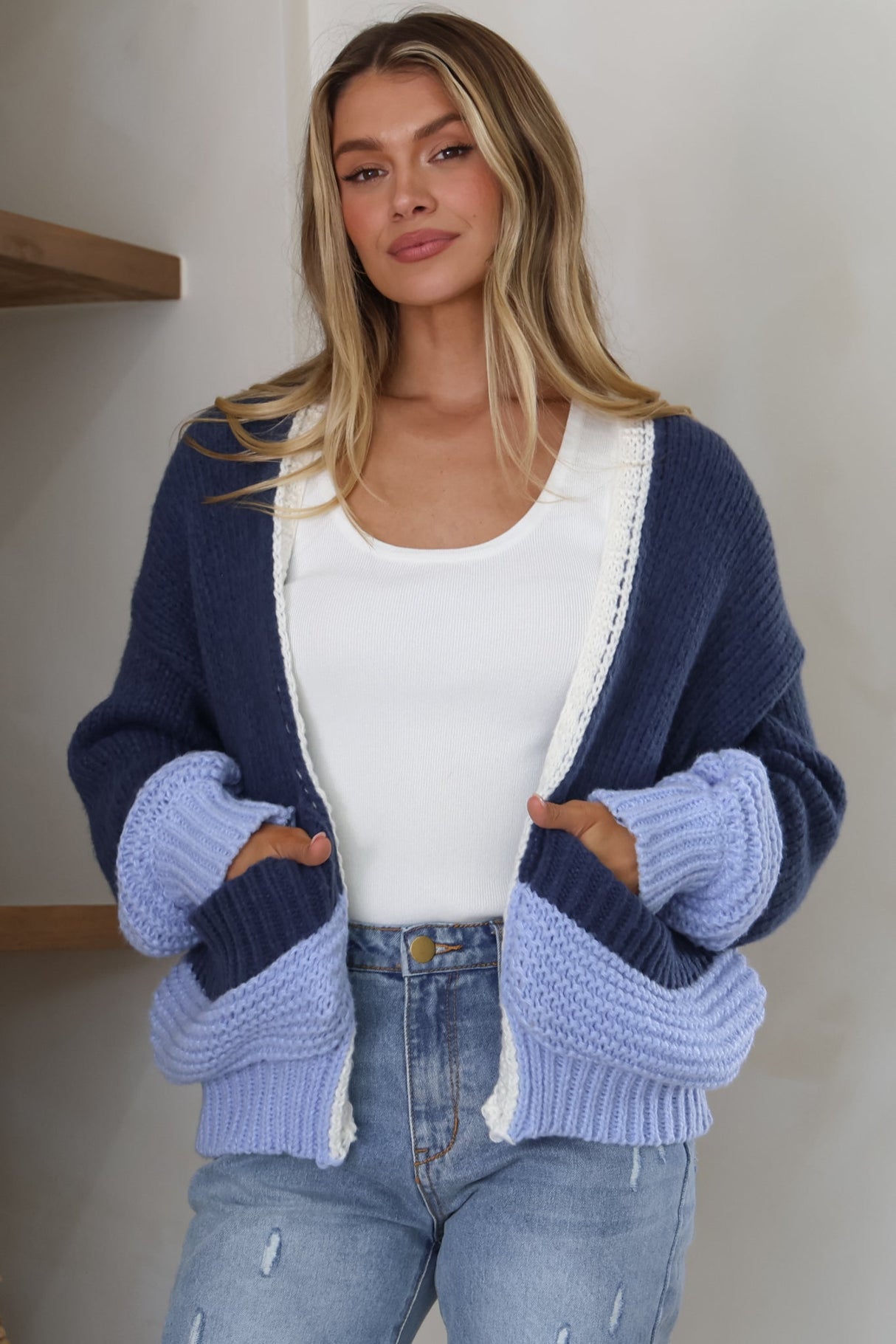 Rosie Cardigan - Cropped Colour Block Cardigan in Blue