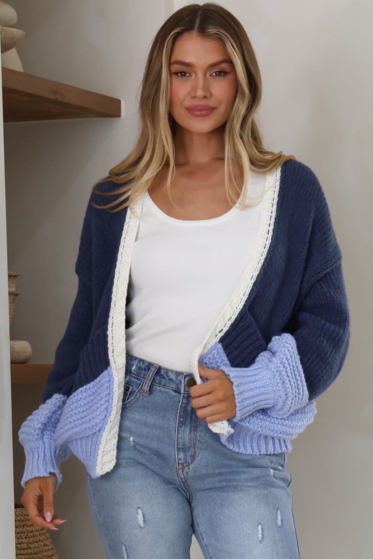 Rosie Cardigan - Cropped Colour Block Cardigan in Blue