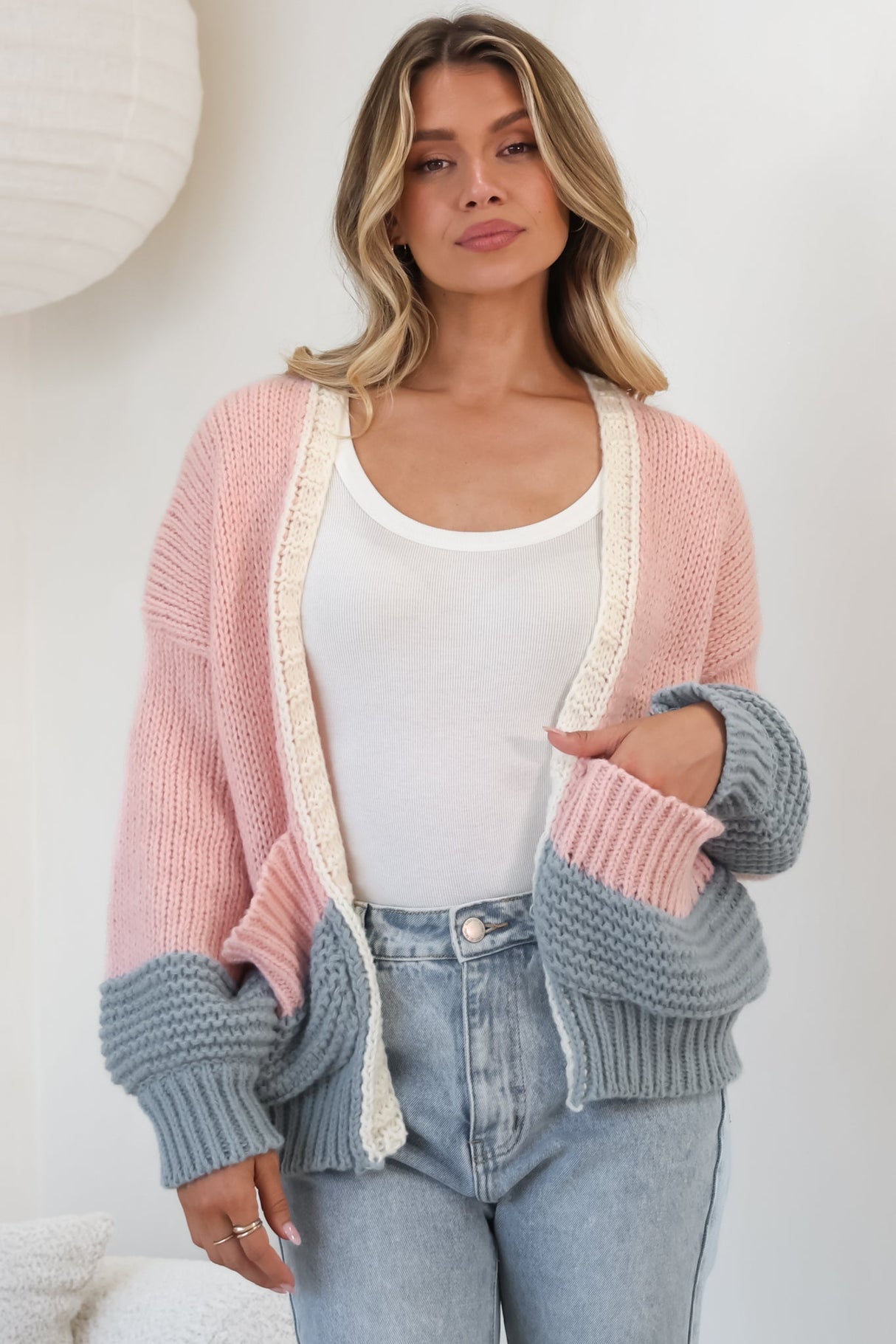 Rosie Cardigan - Cropped Colour Block Cardigan in Fairy Floss