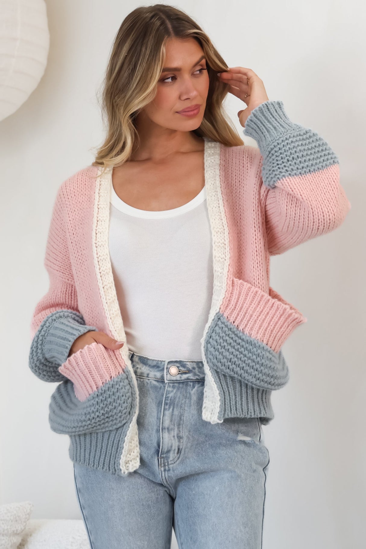 Rosie Cardigan - Cropped Colour Block Cardigan in Fairy Floss