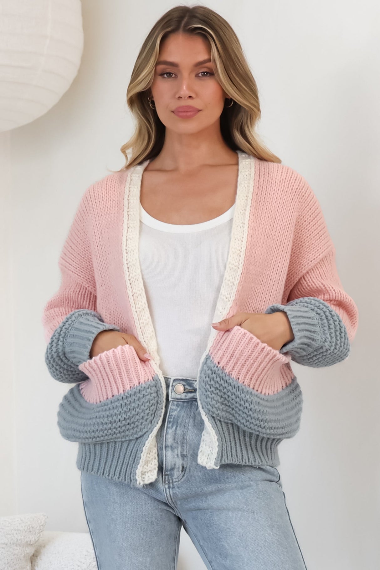 Rosie Cardigan - Cropped Colour Block Cardigan in Fairy Floss