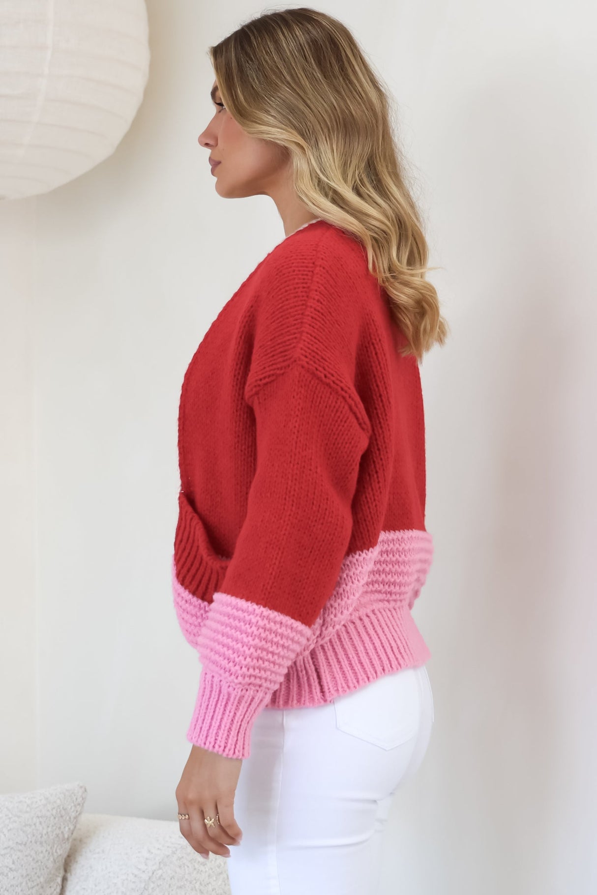 Rosie Cardigan - Cropped Colour Block Cardigan in Red