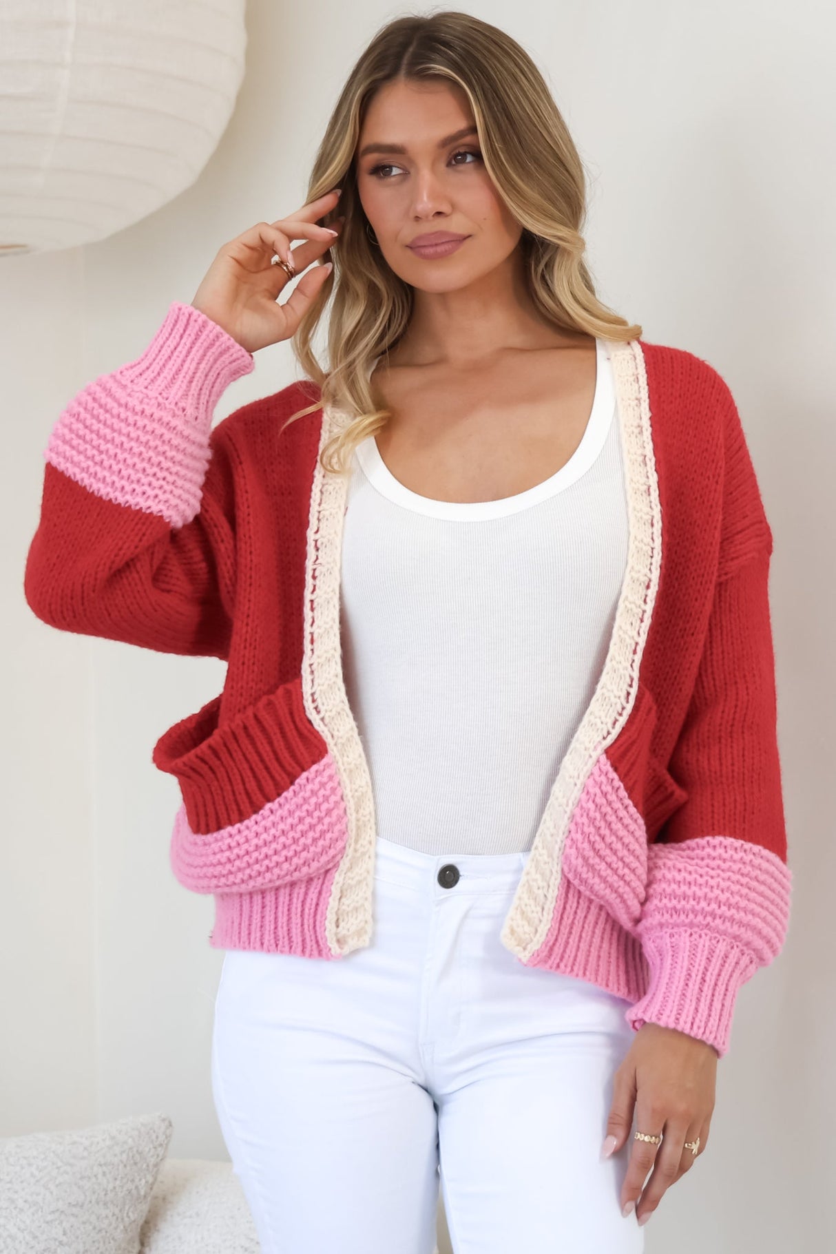 Rosie Cardigan - Cropped Colour Block Cardigan in Red