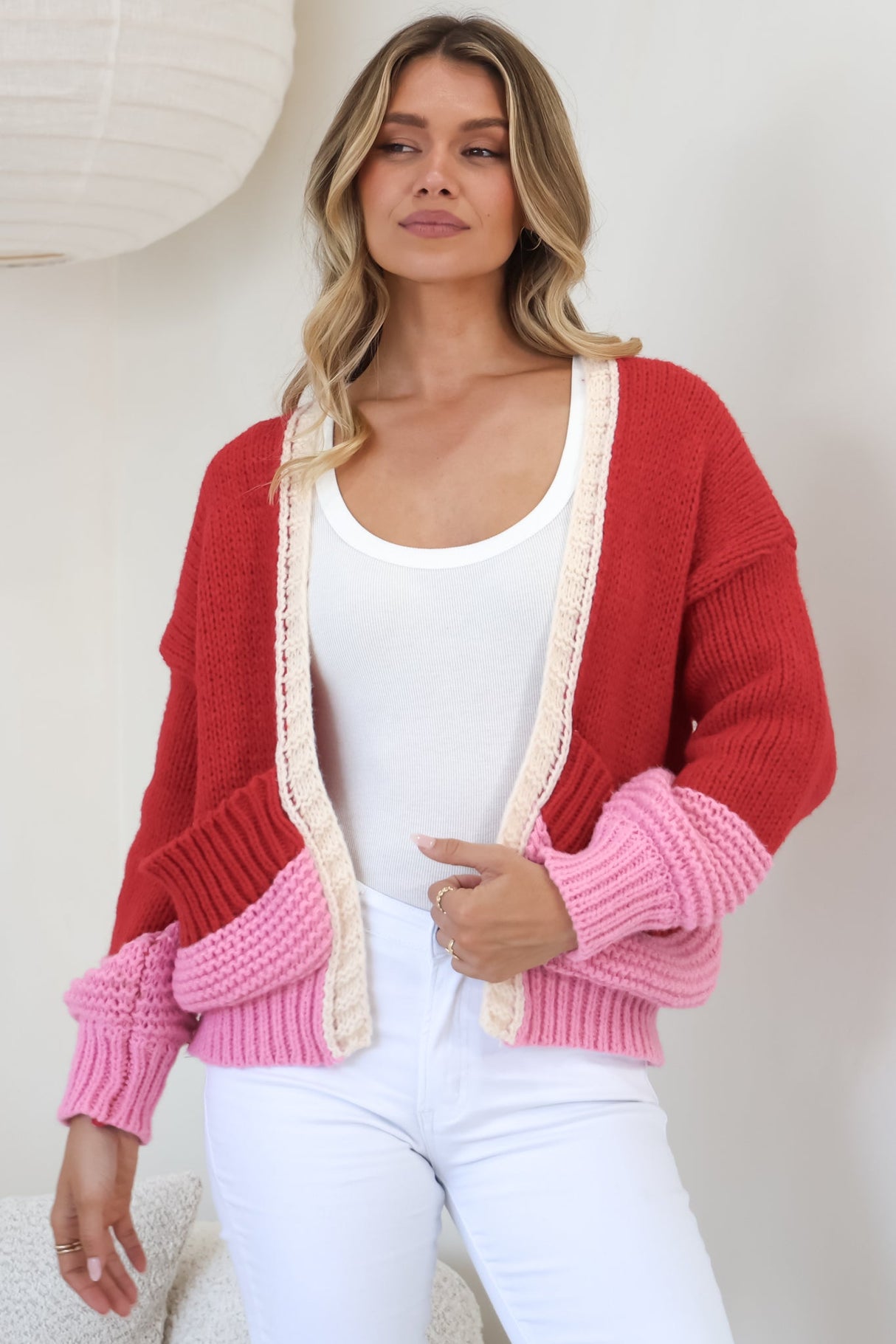 Rosie Cardigan - Cropped Colour Block Cardigan in Red