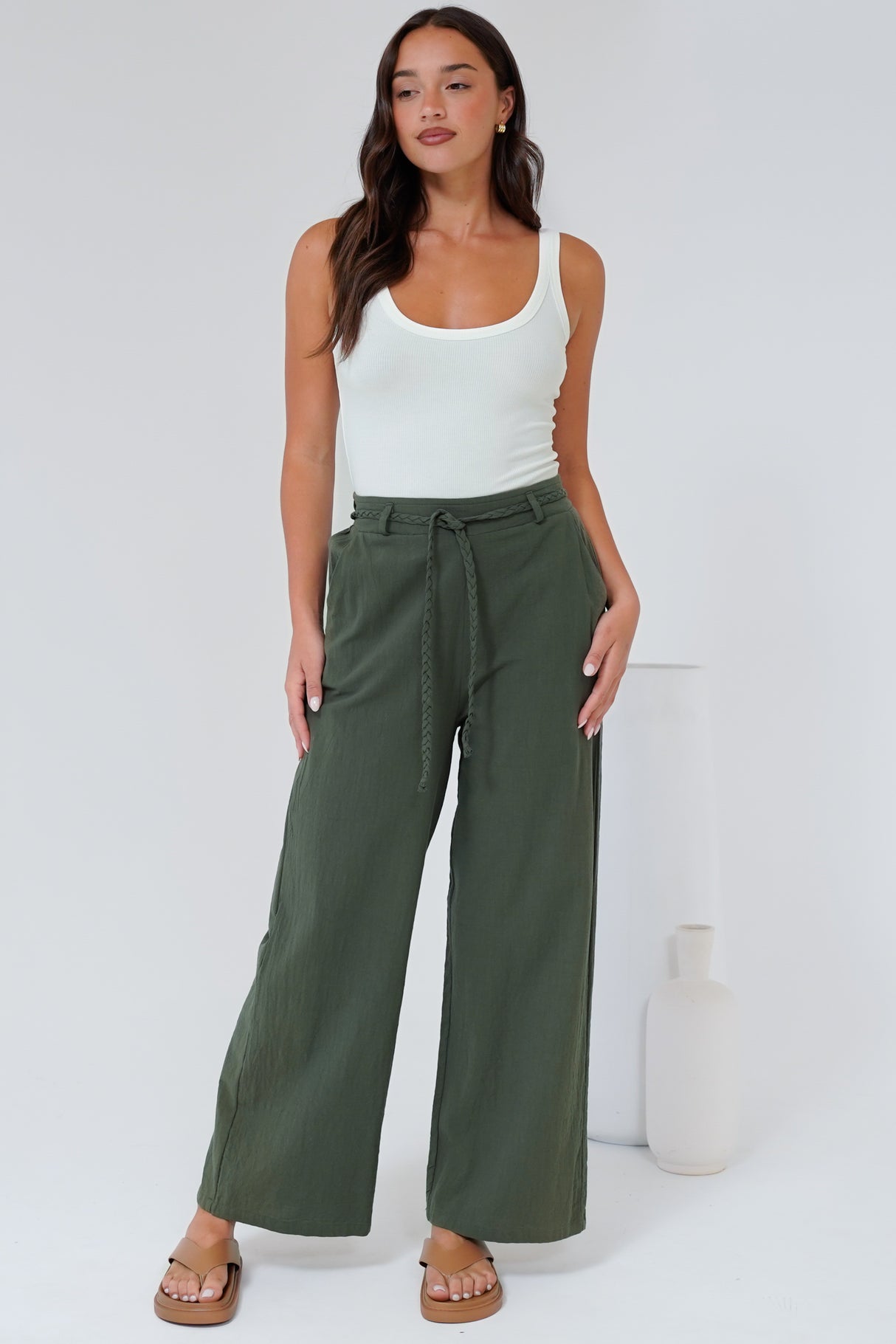 Roswell Pants - Cotton Wide Leg Pant with Plaited Belt in Green