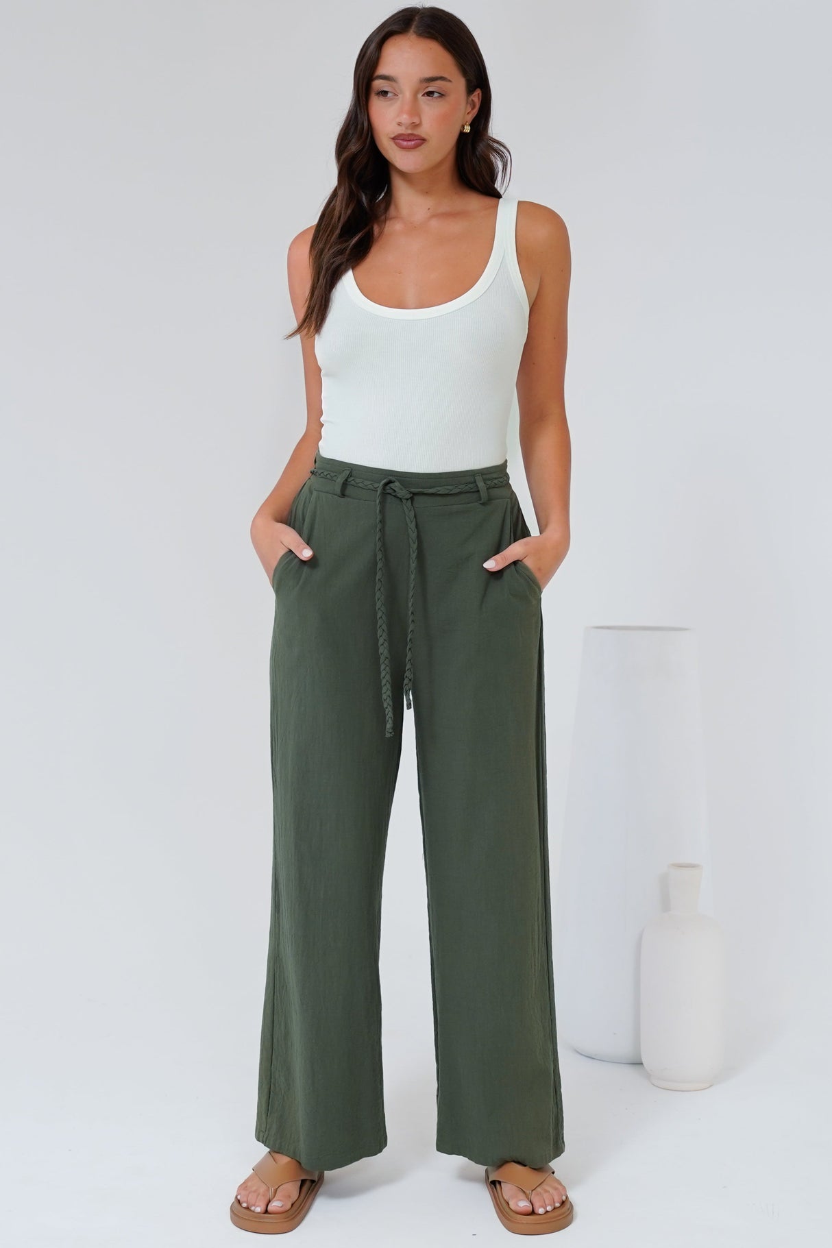 Roswell Pants - Cotton Wide Leg Pant with Plaited Belt in Green