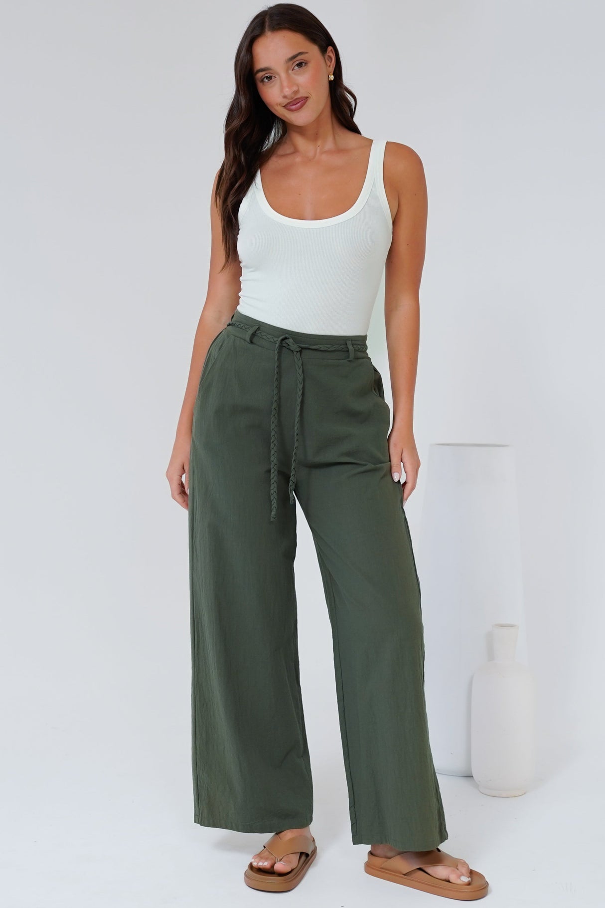 Roswell Pants - Cotton Wide Leg Pant with Plaited Belt in Green