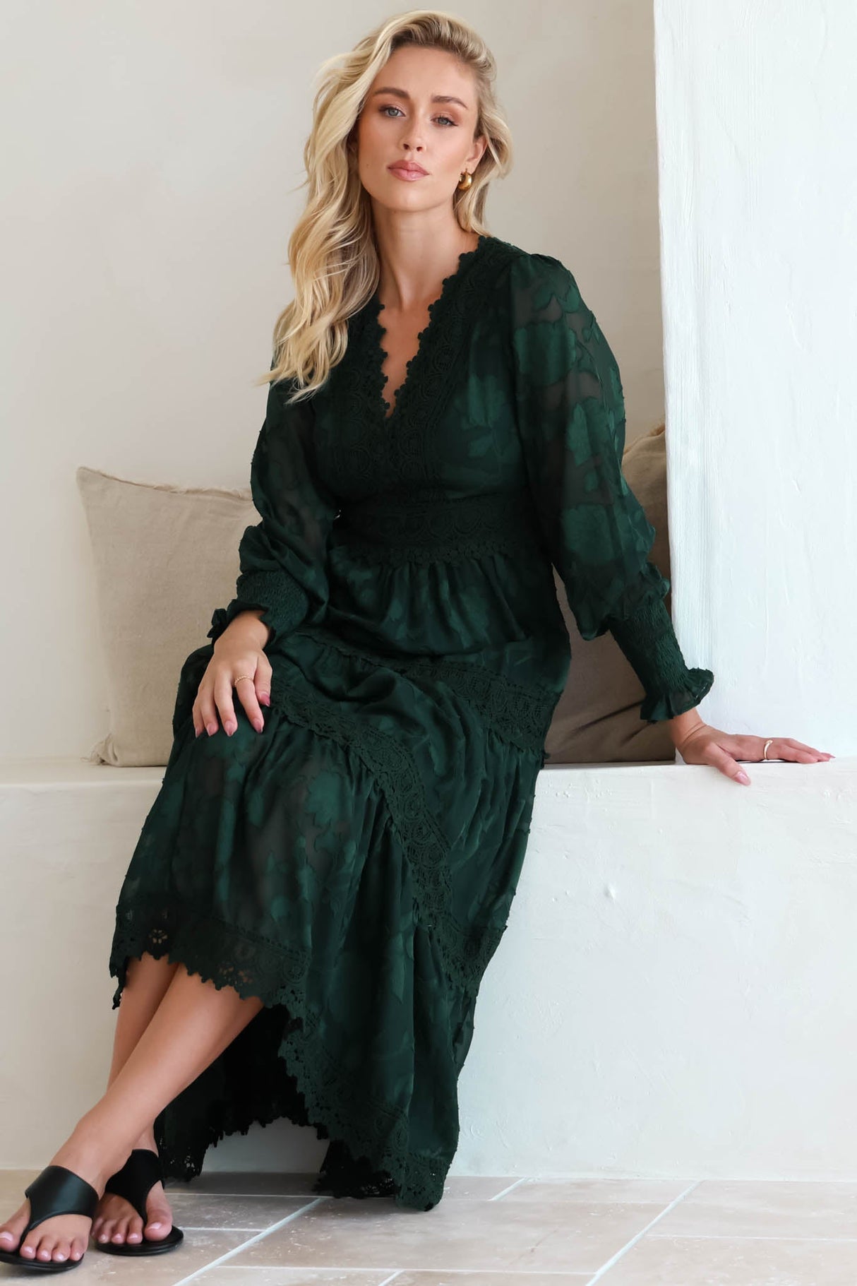 Rouge Maxi Dress - Lace Overlay Tiered Dress in Emerald