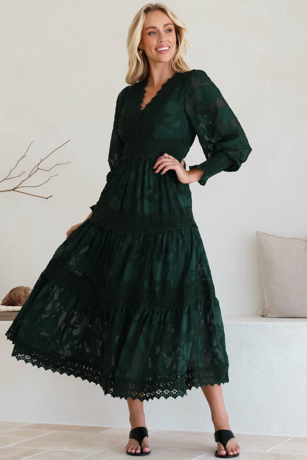Rouge Maxi Dress - Lace Overlay Tiered Dress in Emerald
