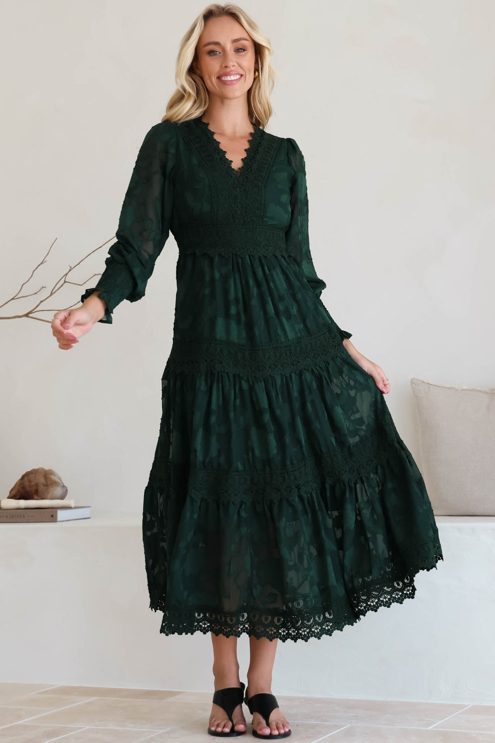 Rouge Maxi Dress - Lace Overlay Tiered Dress in Emerald