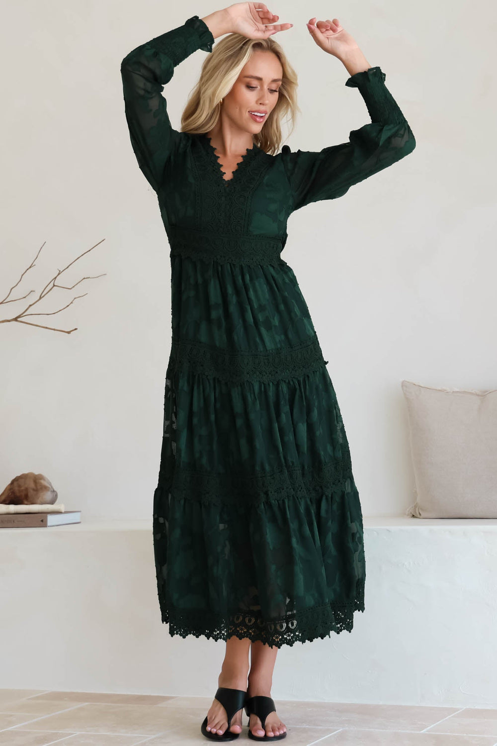 Rouge Maxi Dress - Lace Overlay Tiered Dress in Emerald