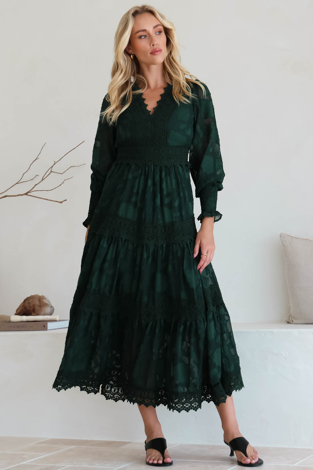 Rouge Maxi Dress - Lace Overlay Tiered Dress in Emerald