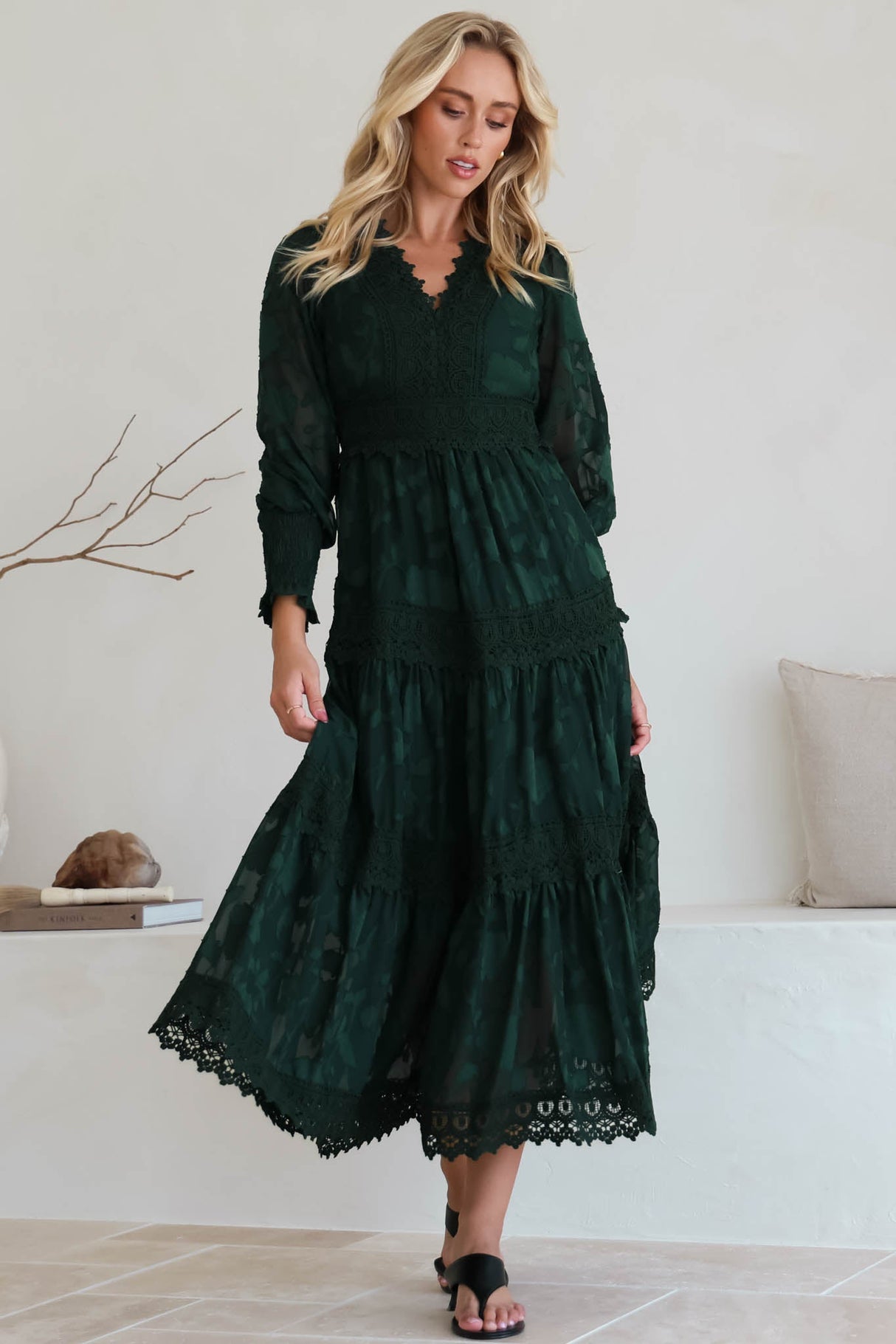 Rouge Maxi Dress - Lace Overlay Tiered Dress in Emerald
