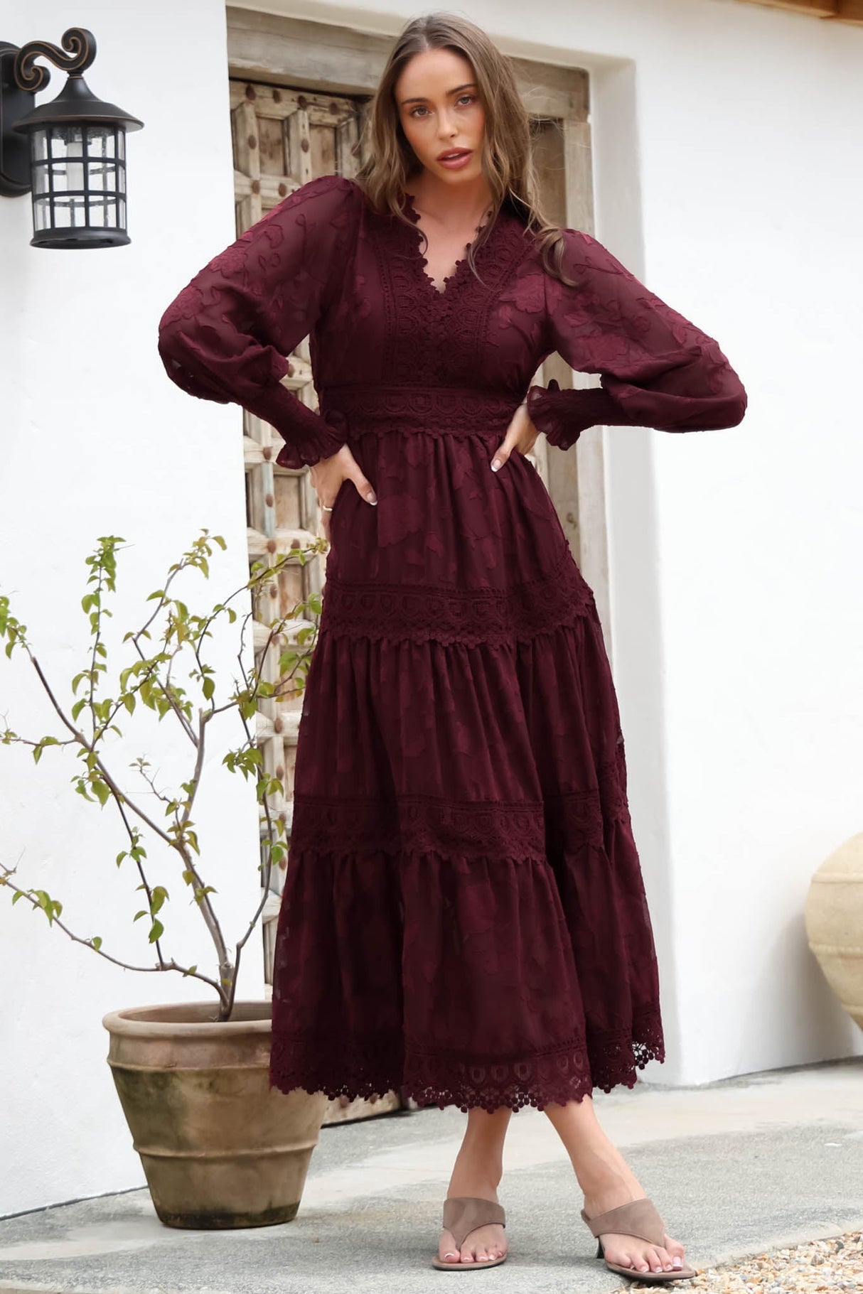 Rouge Maxi Dress - Lace Overlay Tiered Dress in Wine