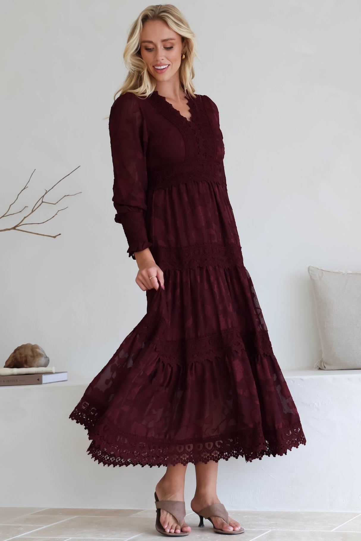 Rouge Maxi Dress - Lace Overlay Tiered Dress in Wine