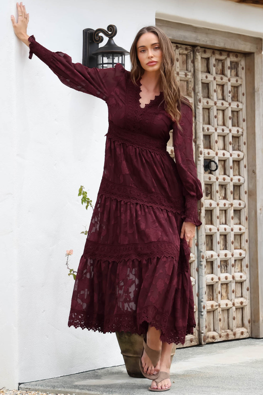 Rouge Maxi Dress - Lace Overlay Tiered Dress in Wine