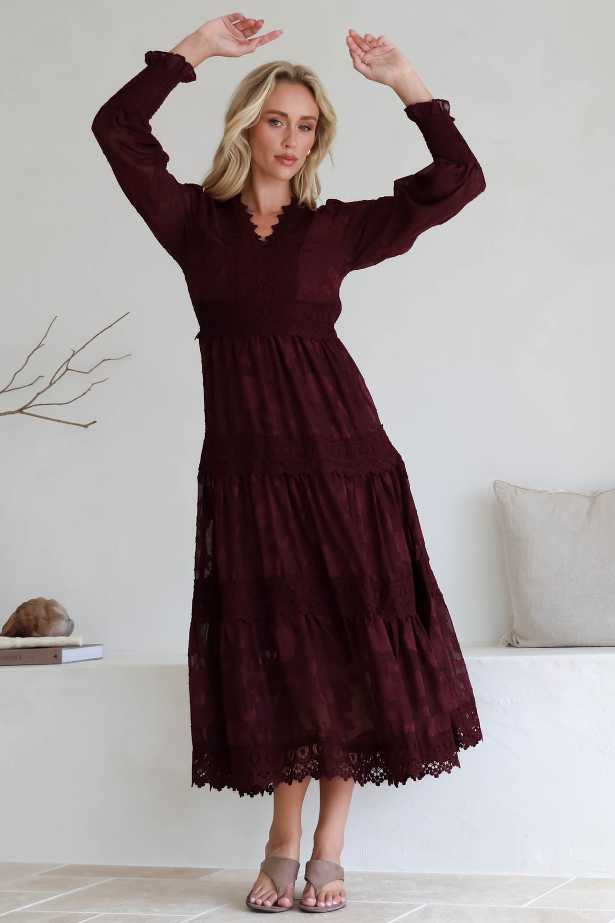 Rouge Maxi Dress - Lace Overlay Tiered Dress in Wine