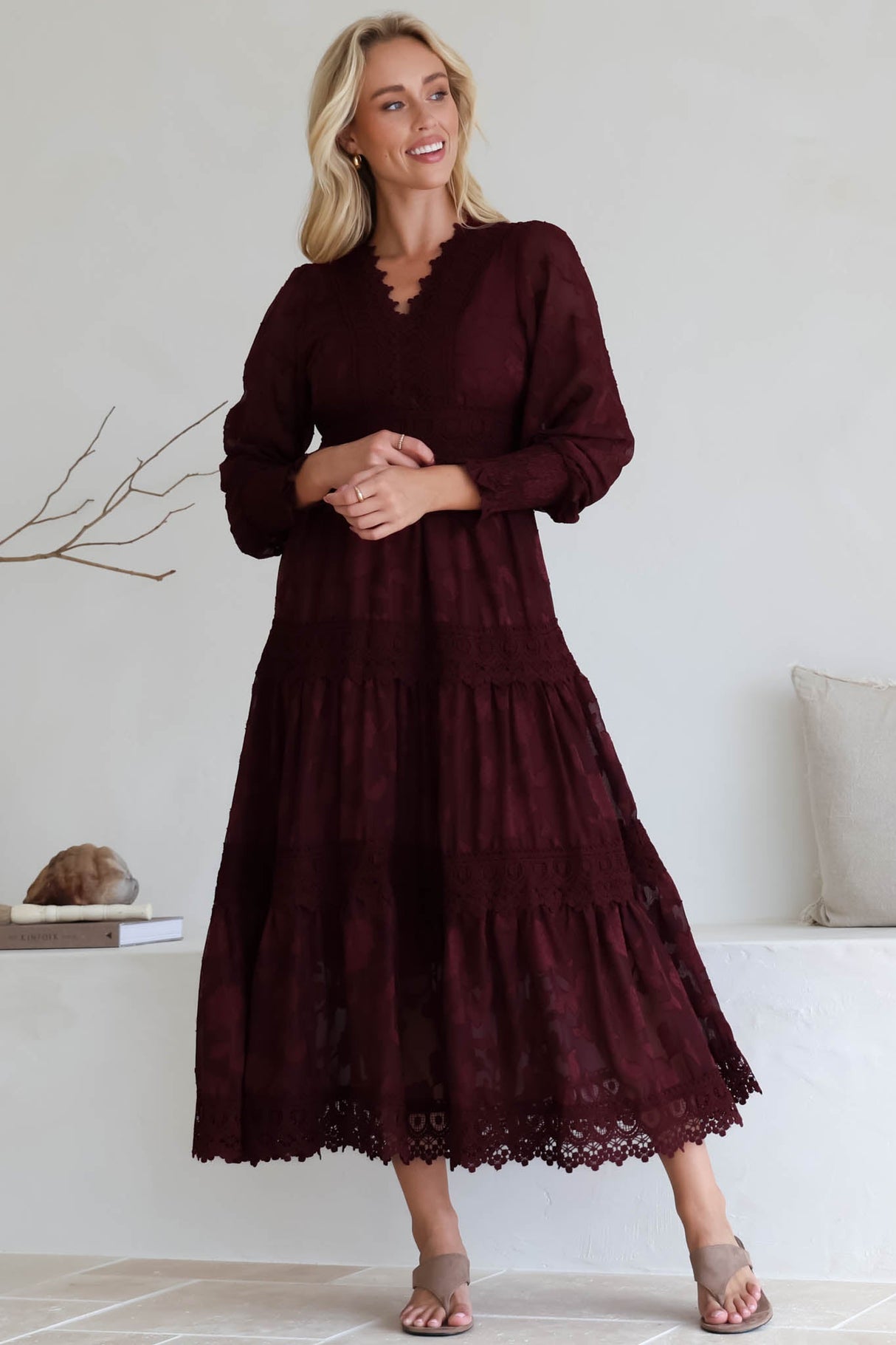 Rouge Maxi Dress - Lace Overlay Tiered Dress in Wine