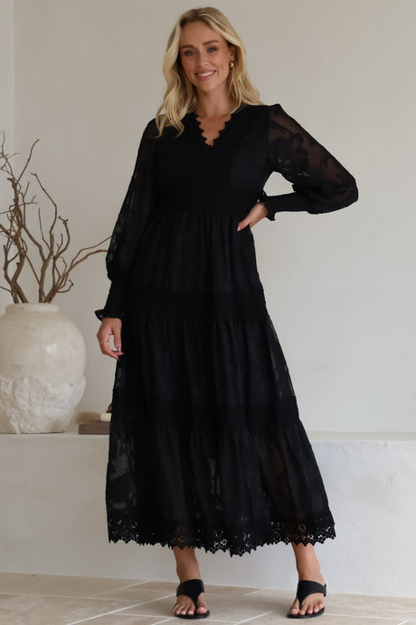 Rouge Maxi Dress - Lace Overlay Tiered Dress in Black