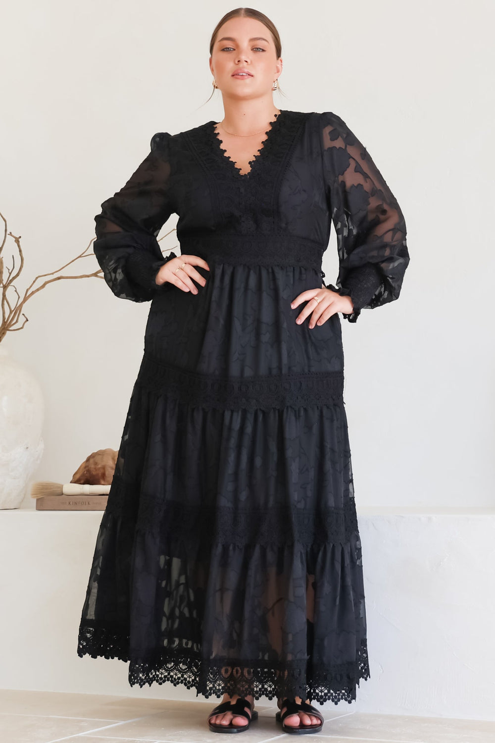 Rouge Maxi Dress - Lace Overlay Tiered Dress in Black