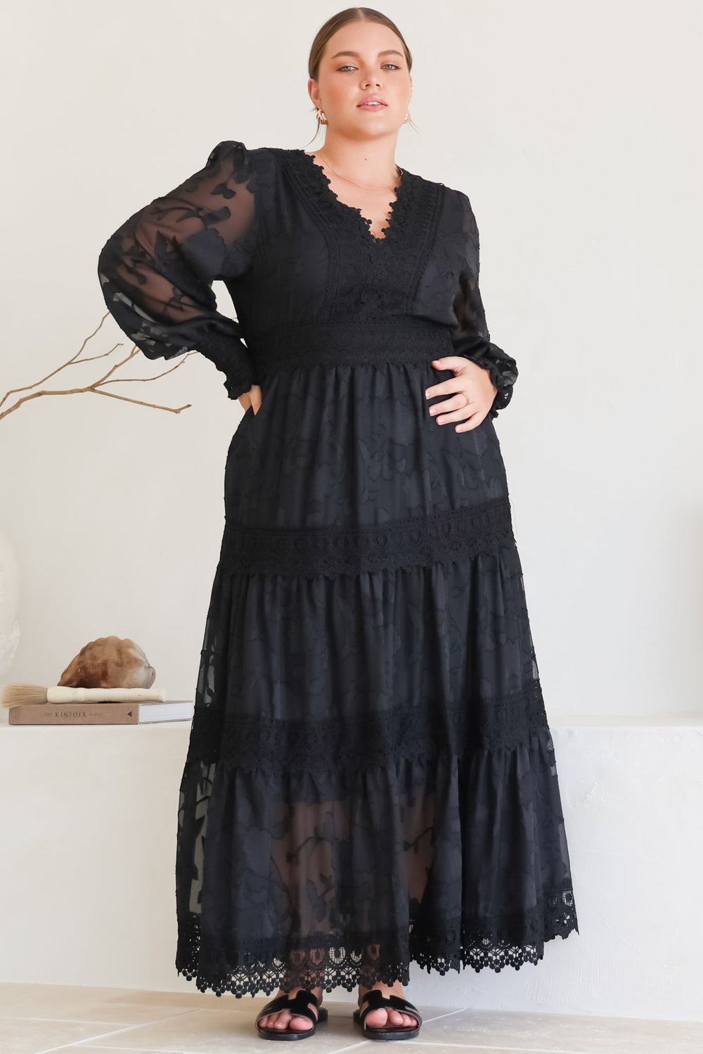 Rouge Maxi Dress - Lace Overlay Tiered Dress in Black