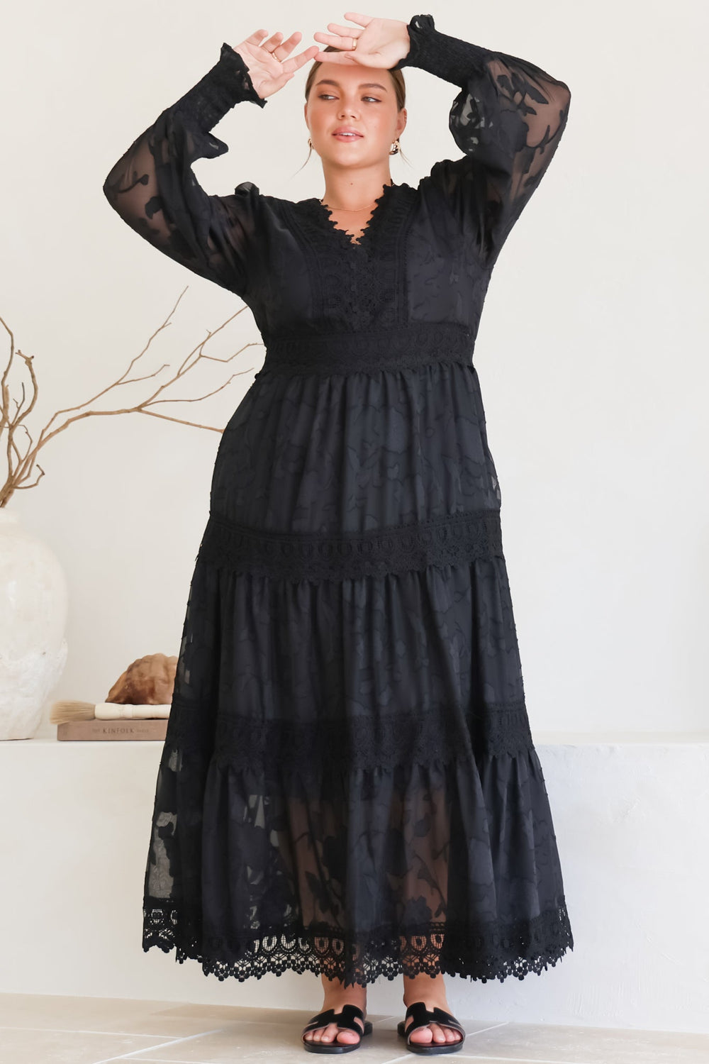 Rouge Maxi Dress - Lace Overlay Tiered Dress in Black