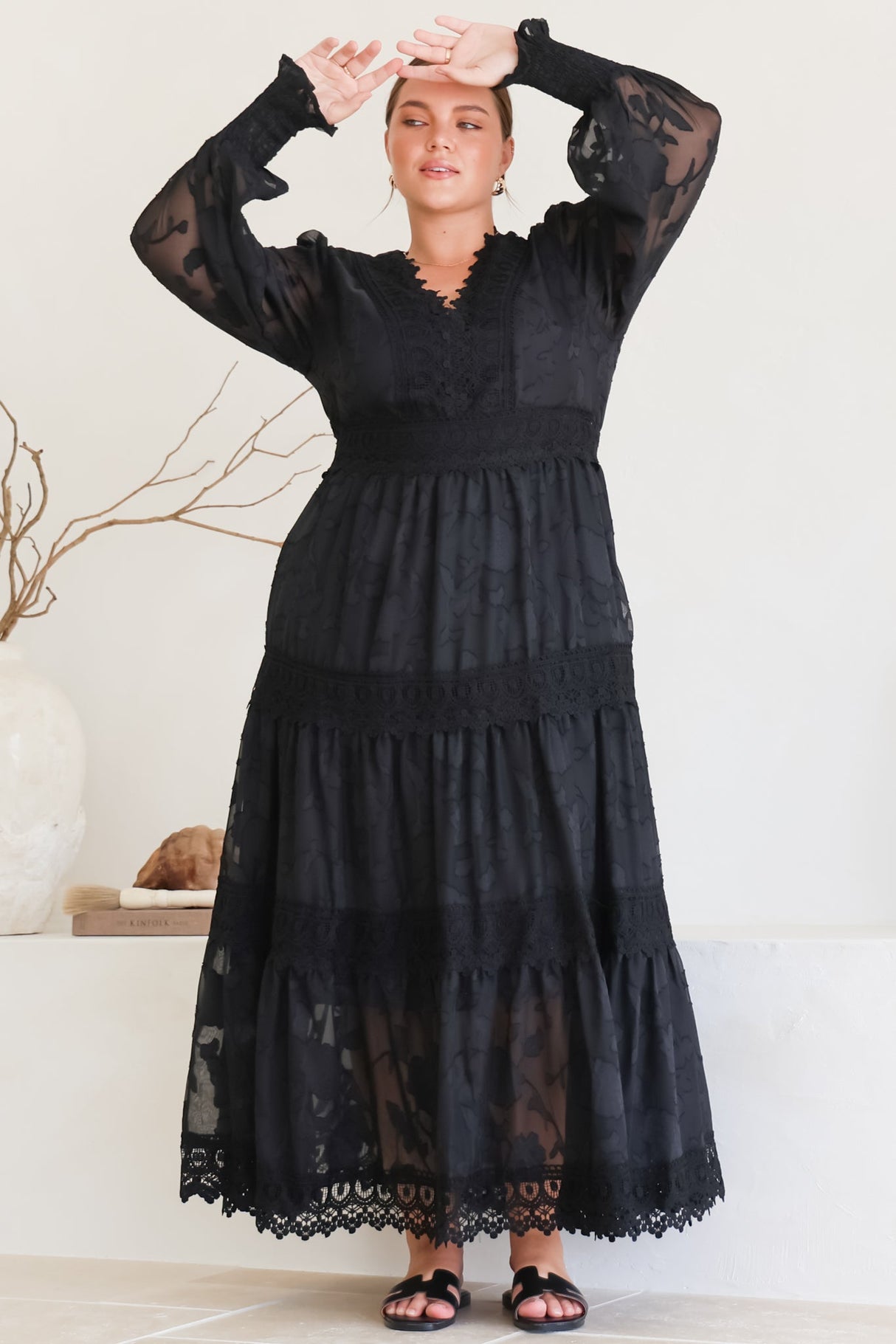 Rouge Maxi Dress - Lace Overlay Tiered Dress in Black