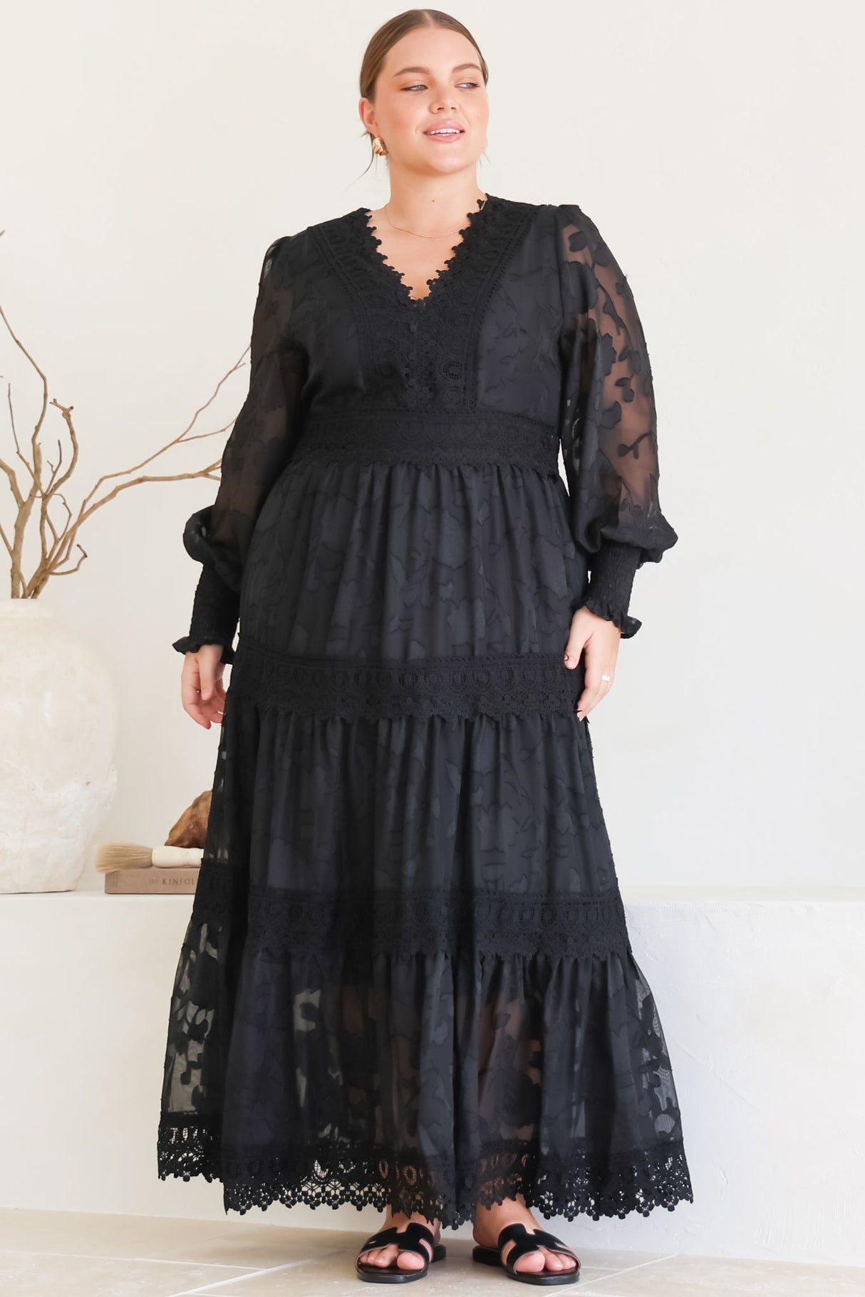 Rouge Maxi Dress - Lace Overlay Tiered Dress in Black