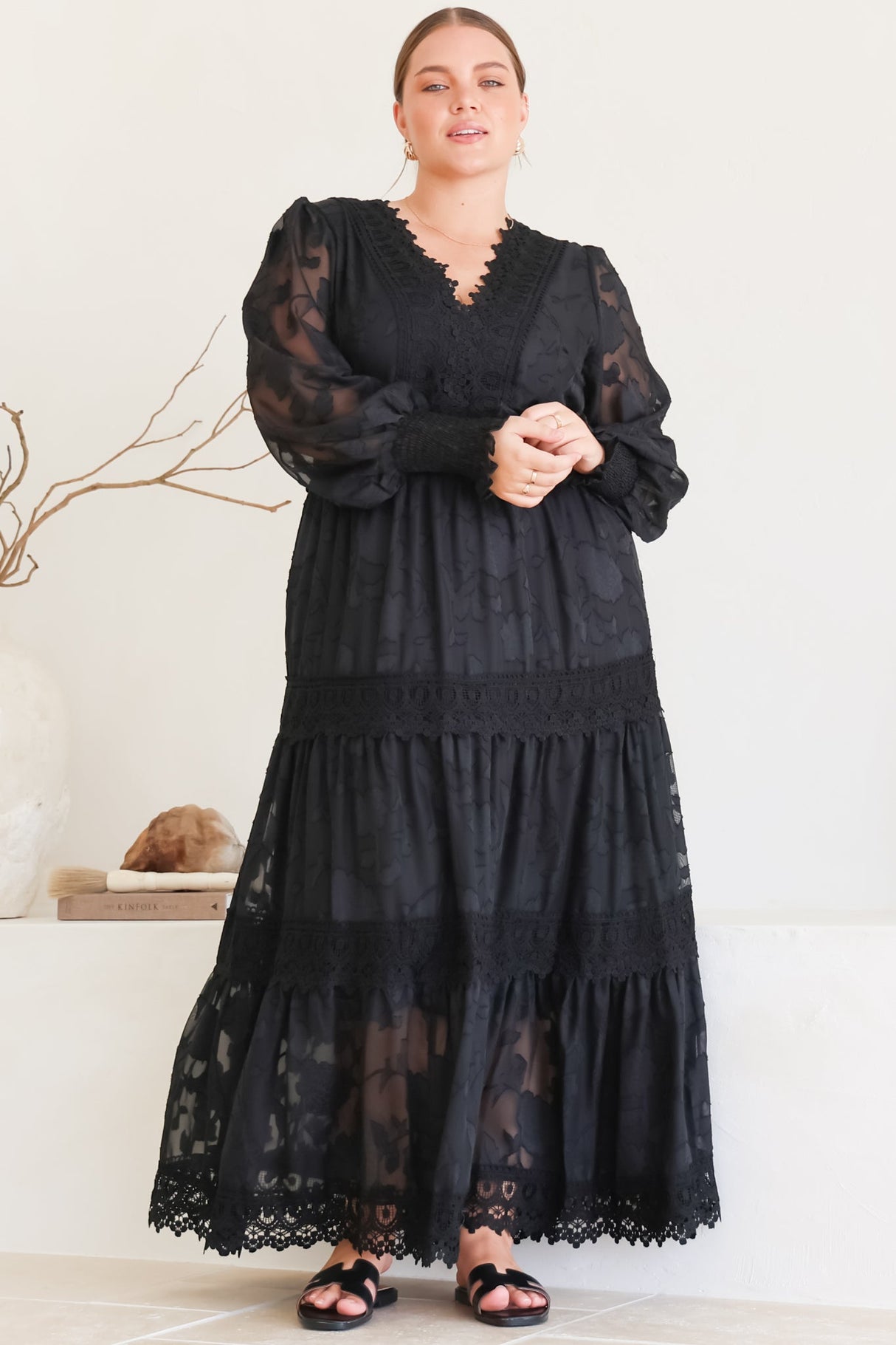 Rouge Maxi Dress - Lace Overlay Tiered Dress in Black
