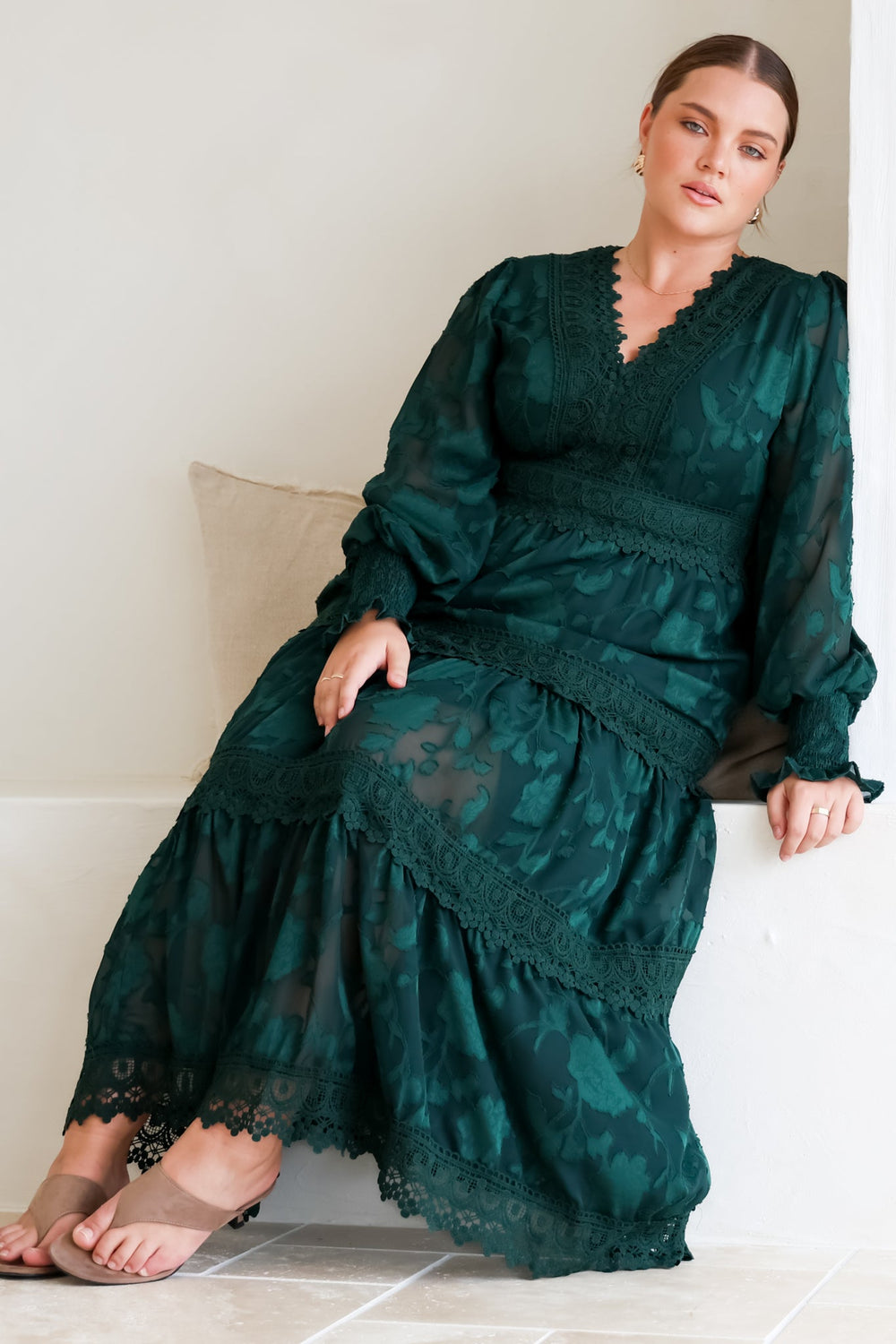 Rouge Maxi Dress - Lace Overlay Tiered Dress in Emerald