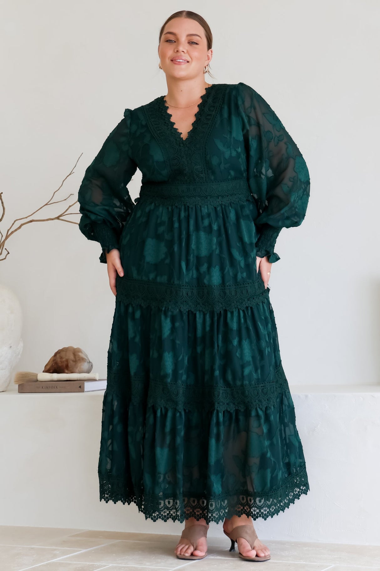Rouge Maxi Dress - Lace Overlay Tiered Dress in Emerald