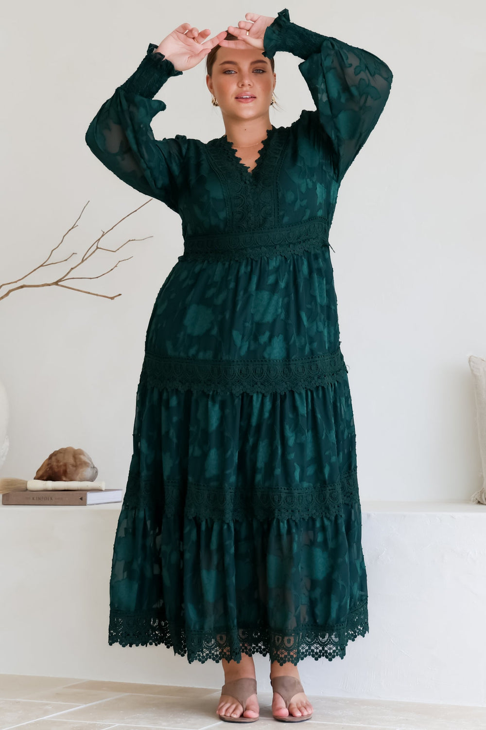 Rouge Maxi Dress - Lace Overlay Tiered Dress in Emerald