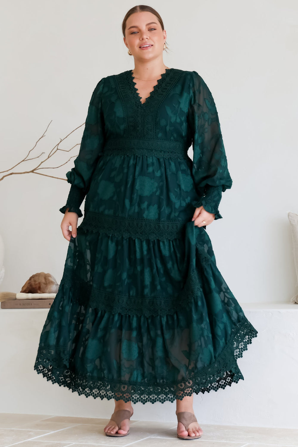 Rouge Maxi Dress - Lace Overlay Tiered Dress in Emerald