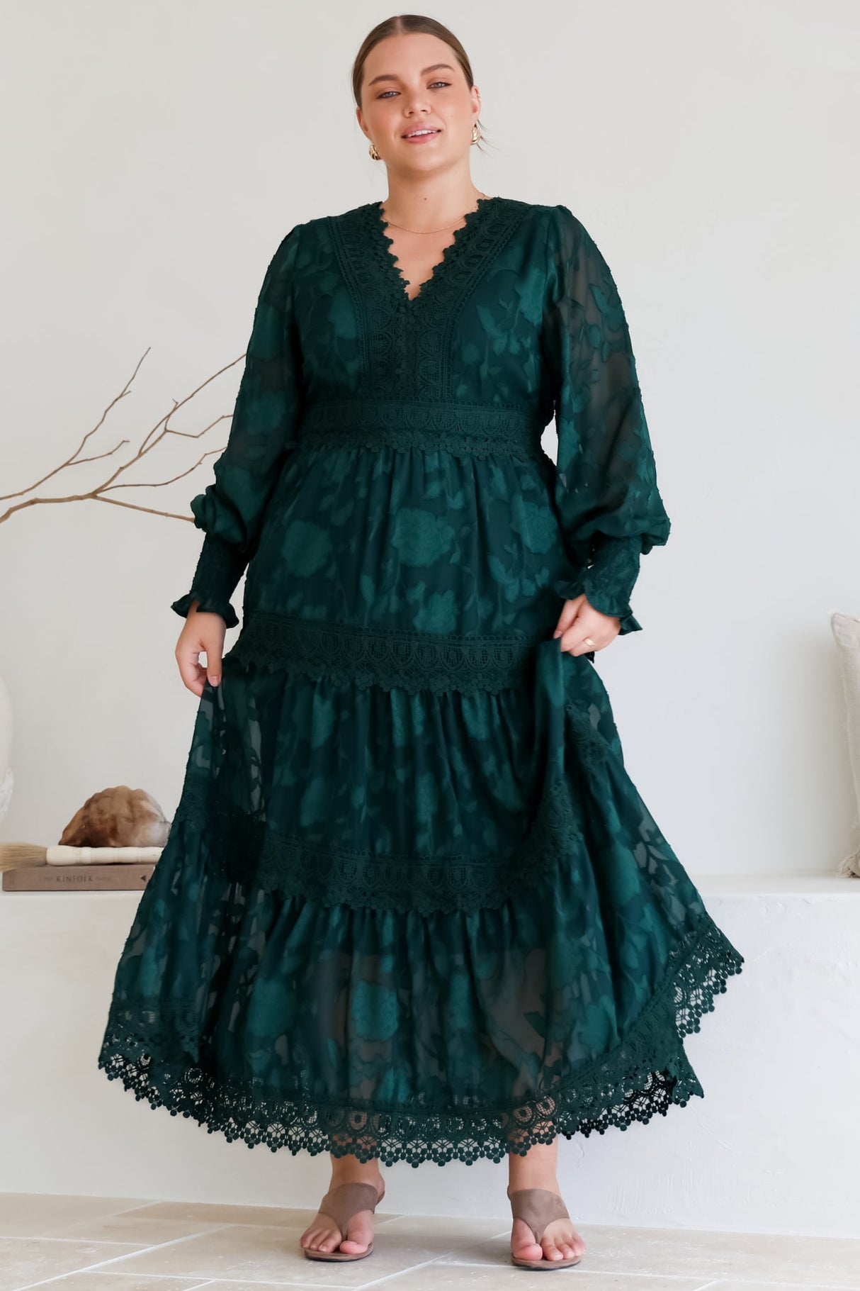 Rouge Maxi Dress - Lace Overlay Tiered Dress in Emerald