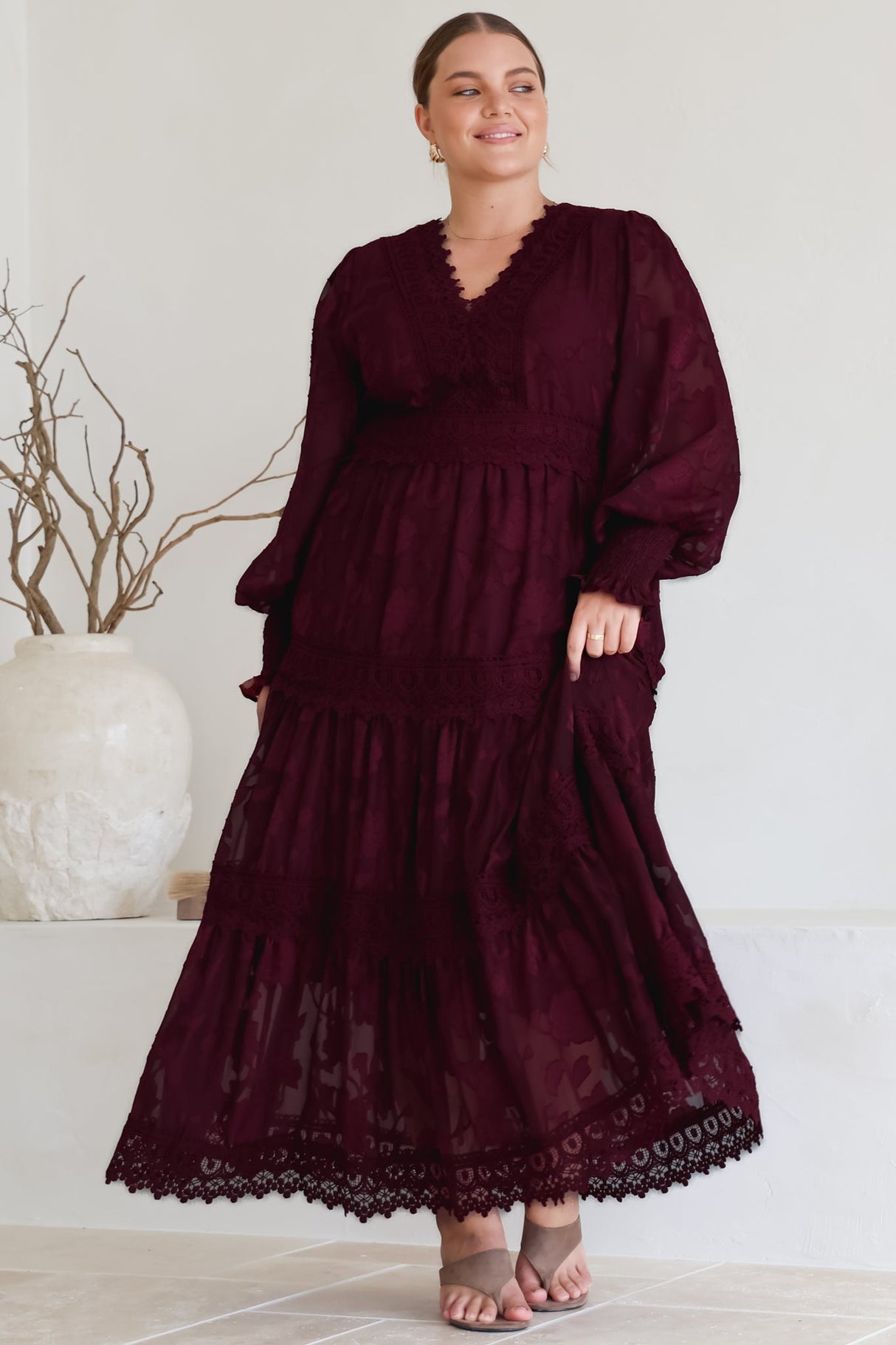 Rouge Maxi Dress - Lace Overlay Tiered Dress in Wine