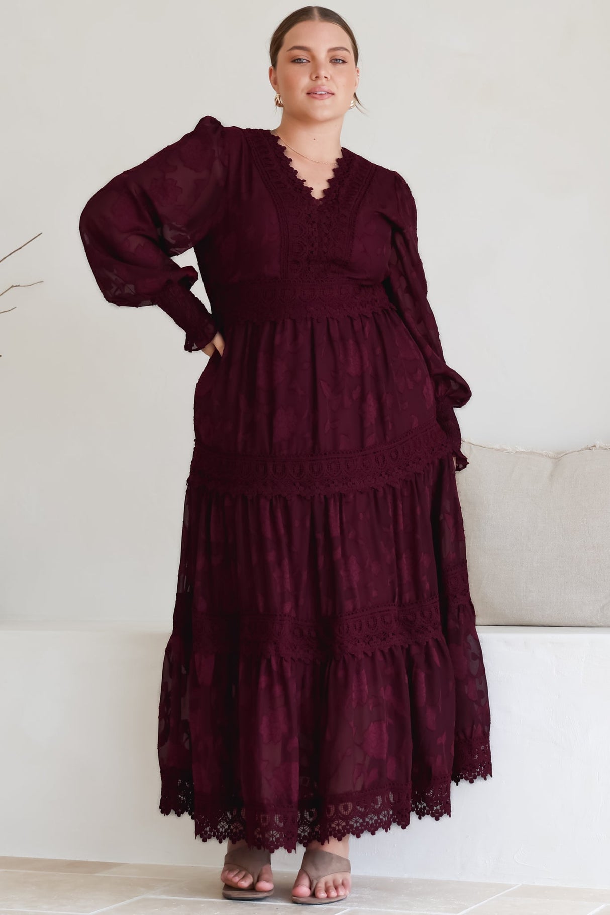 Rouge Maxi Dress - Lace Overlay Tiered Dress in Wine
