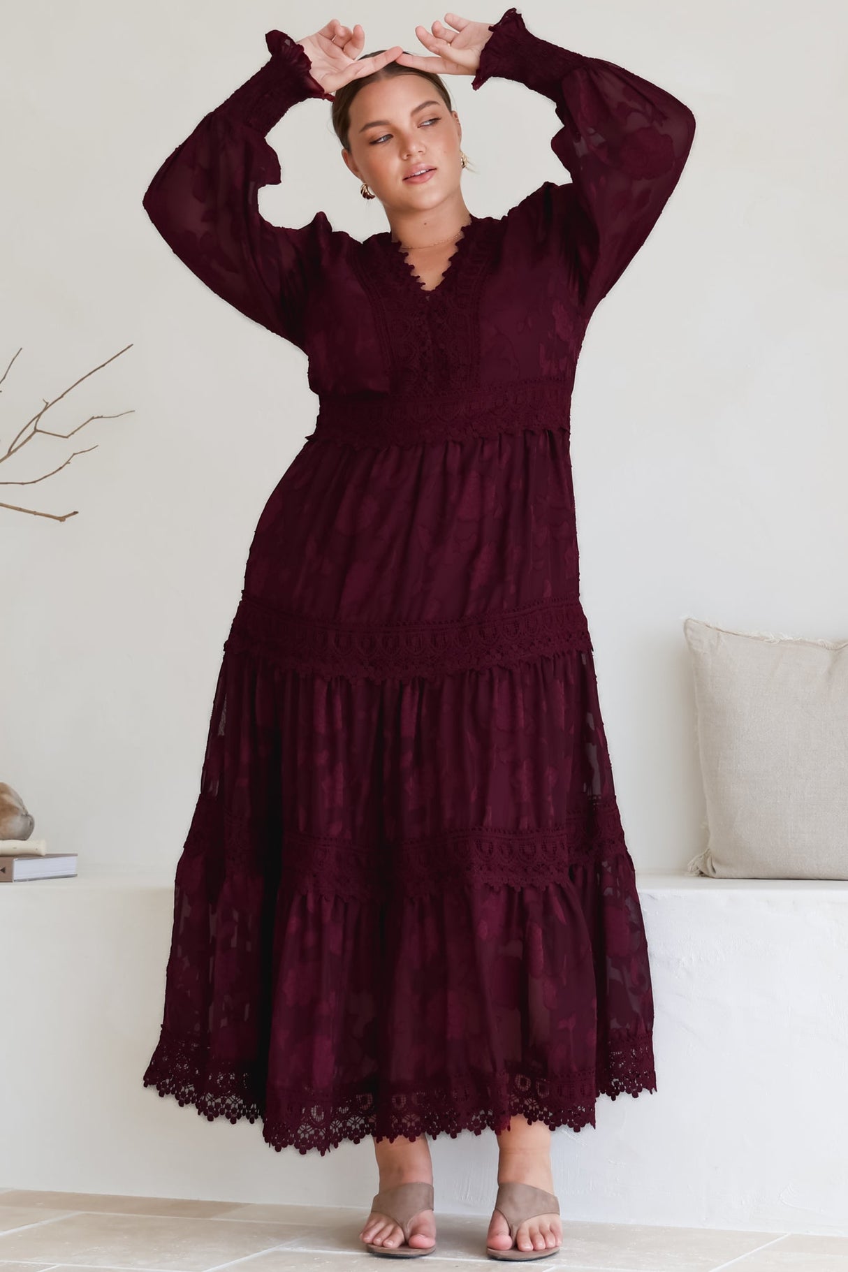 Rouge Maxi Dress - Lace Overlay Tiered Dress in Wine