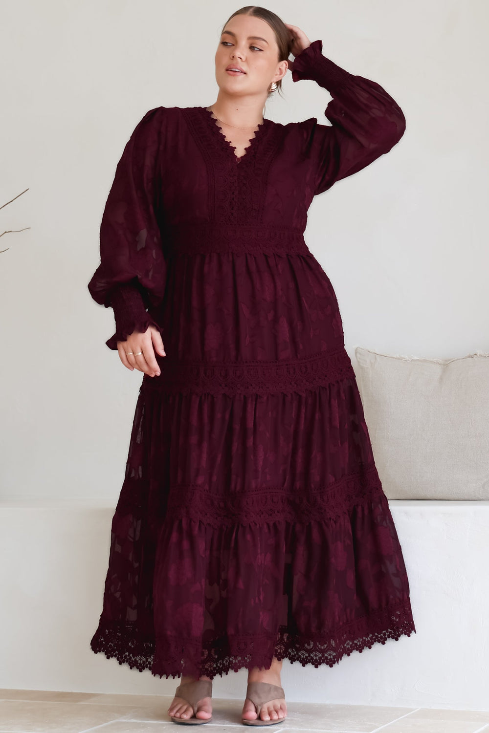 Rouge Maxi Dress - Lace Overlay Tiered Dress in Wine