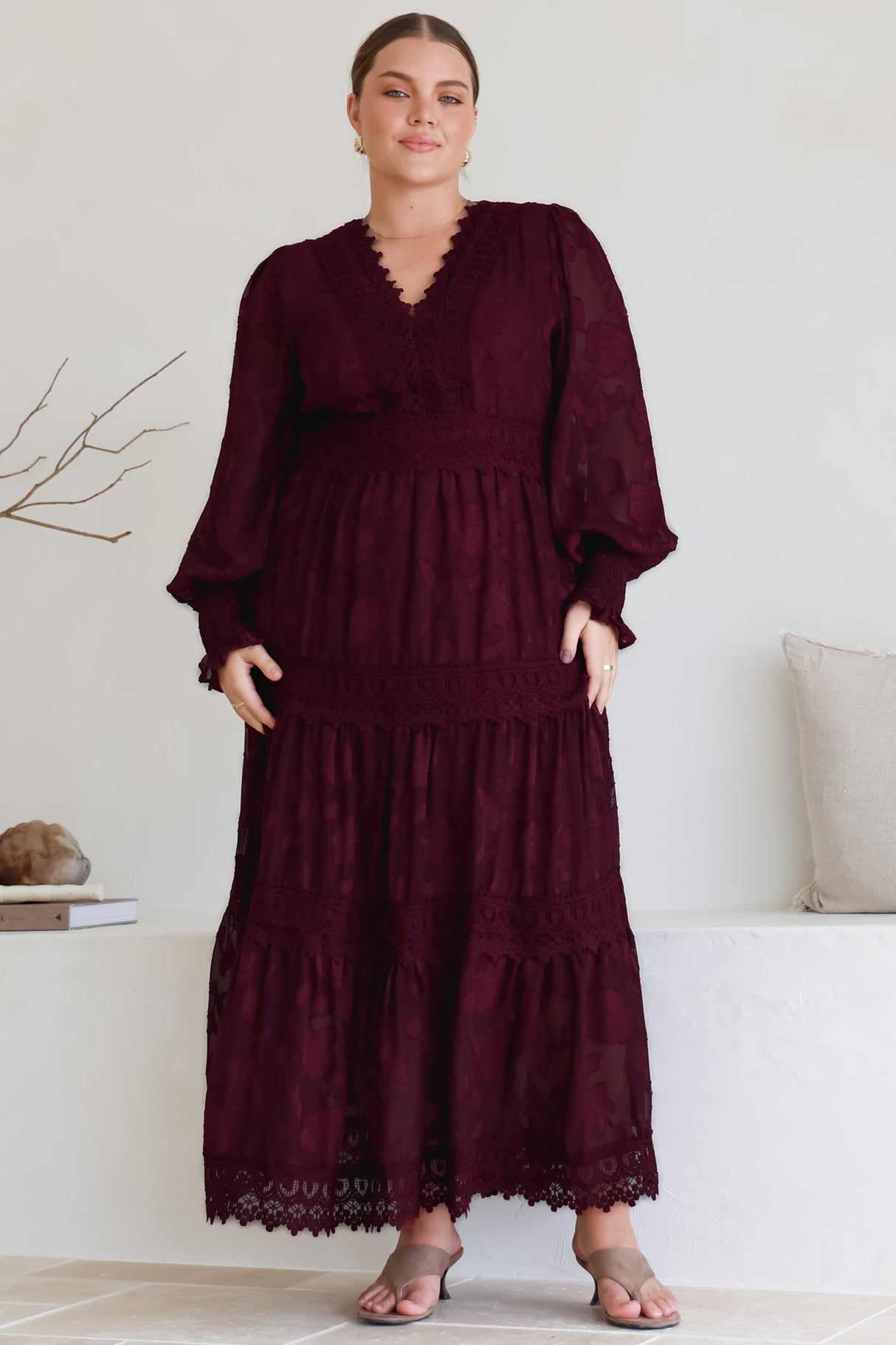 Rouge Maxi Dress - Lace Overlay Tiered Dress in Wine