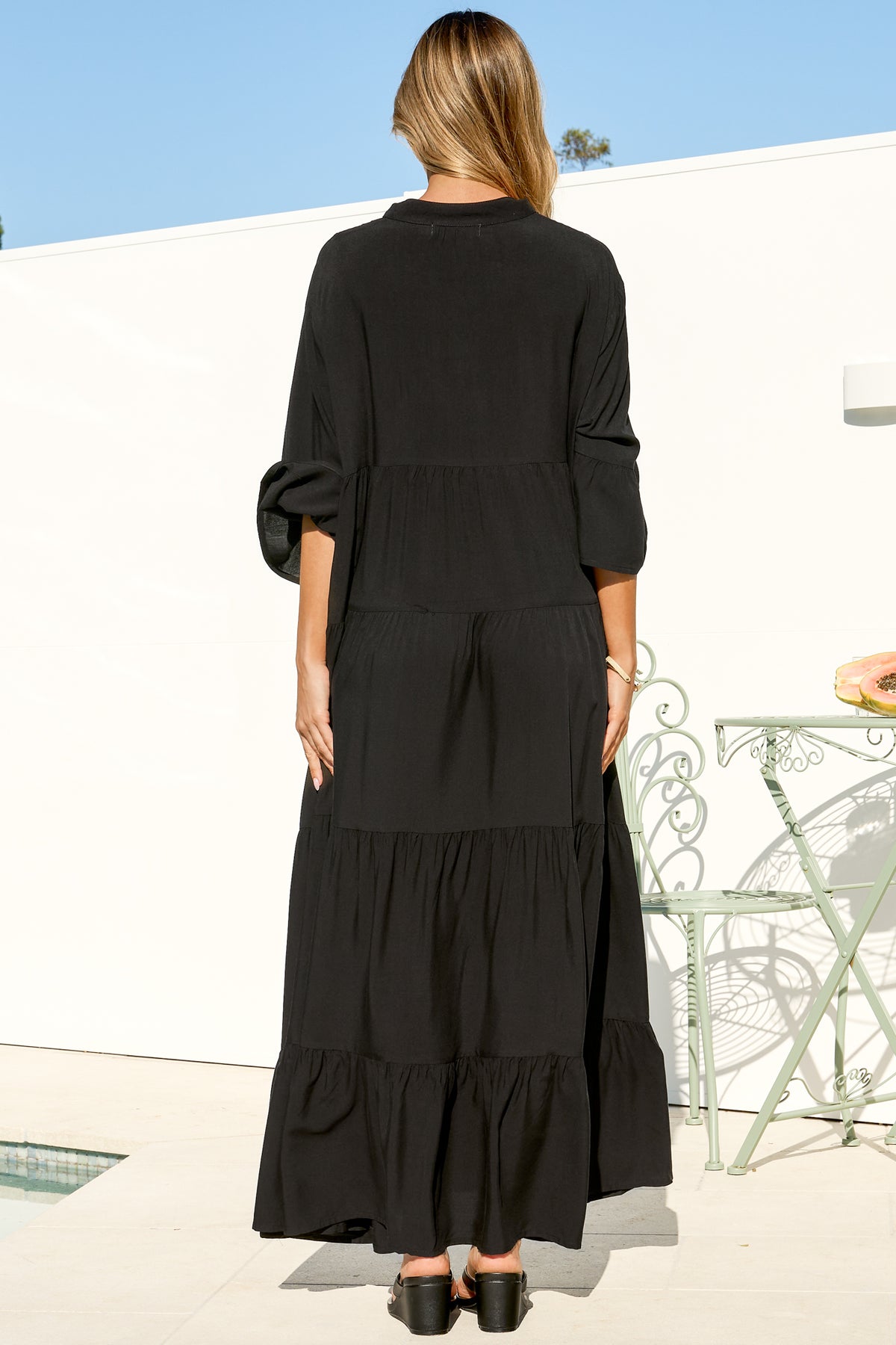 Roux Maxi Dress - Split Neckline Button Placket Tiered Kaftan Dress with Bell Sleeves in Black