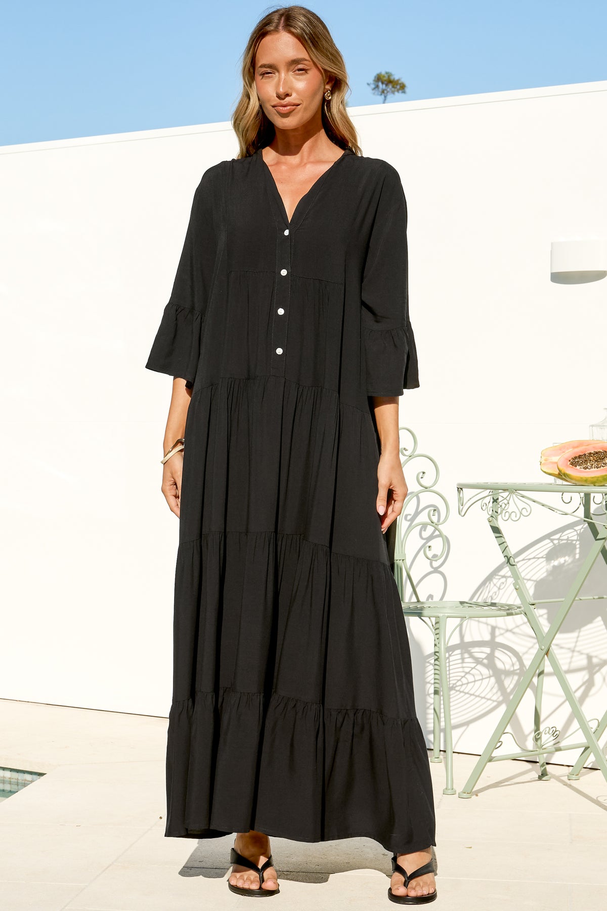 Roux Maxi Dress - Split Neckline Button Placket Tiered Kaftan Dress with Bell Sleeves in Black