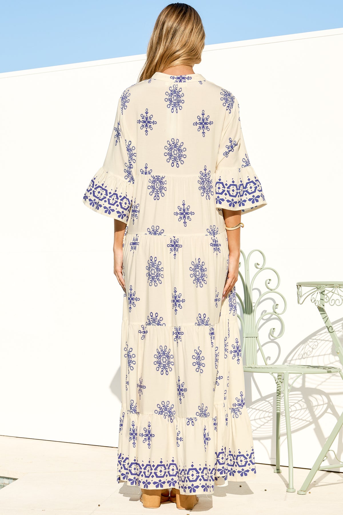 Roux Maxi Dress - Split Neckline Button Placket Tiered Kaftan Dress with Bell Sleeves in Linnea Print Blue