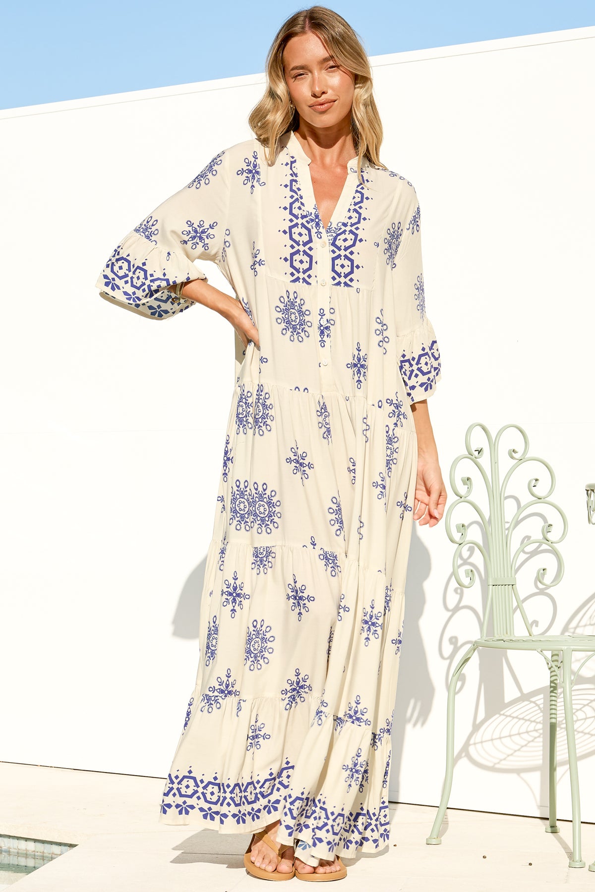 Roux Maxi Dress - Split Neckline Button Placket Tiered Kaftan Dress with Bell Sleeves in Linnea Print Blue