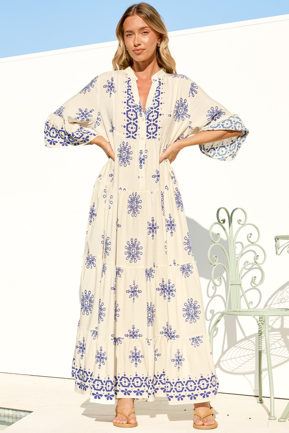 Roux Maxi Dress - Split Neckline Button Placket Tiered Kaftan Dress with Bell Sleeves in Linnea Print Blue
