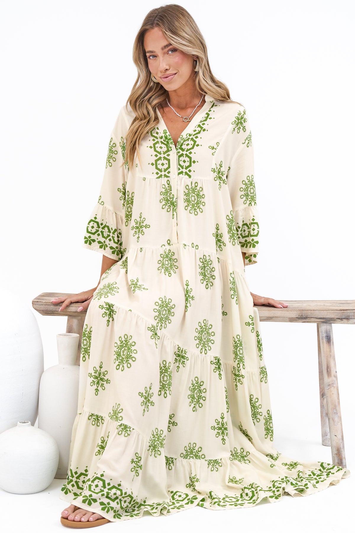 Roux Maxi Dress - Split Neckline Button Placket Tiered Kaftan Dress with Bell Sleeves in Linnea Print Green