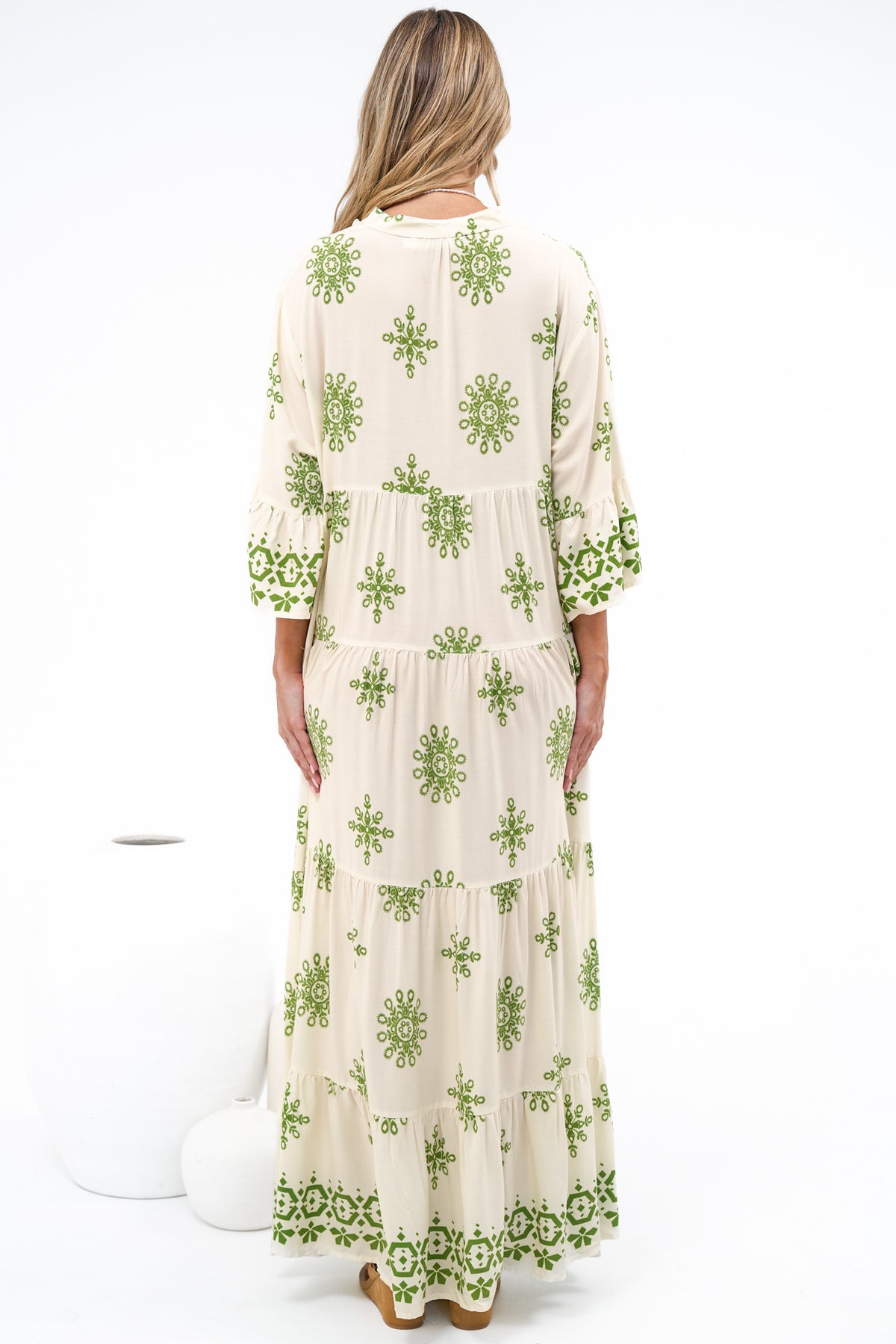 Roux Maxi Dress - Split Neckline Button Placket Tiered Kaftan Dress with Bell Sleeves in Linnea Print Green