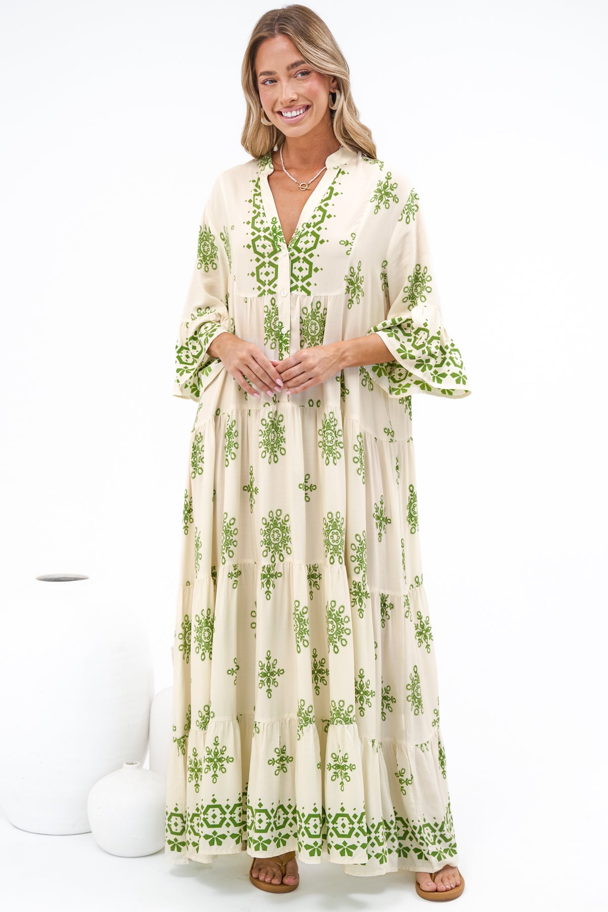 Roux Maxi Dress - Split Neckline Button Placket Tiered Kaftan Dress with Bell Sleeves in Linnea Print Green